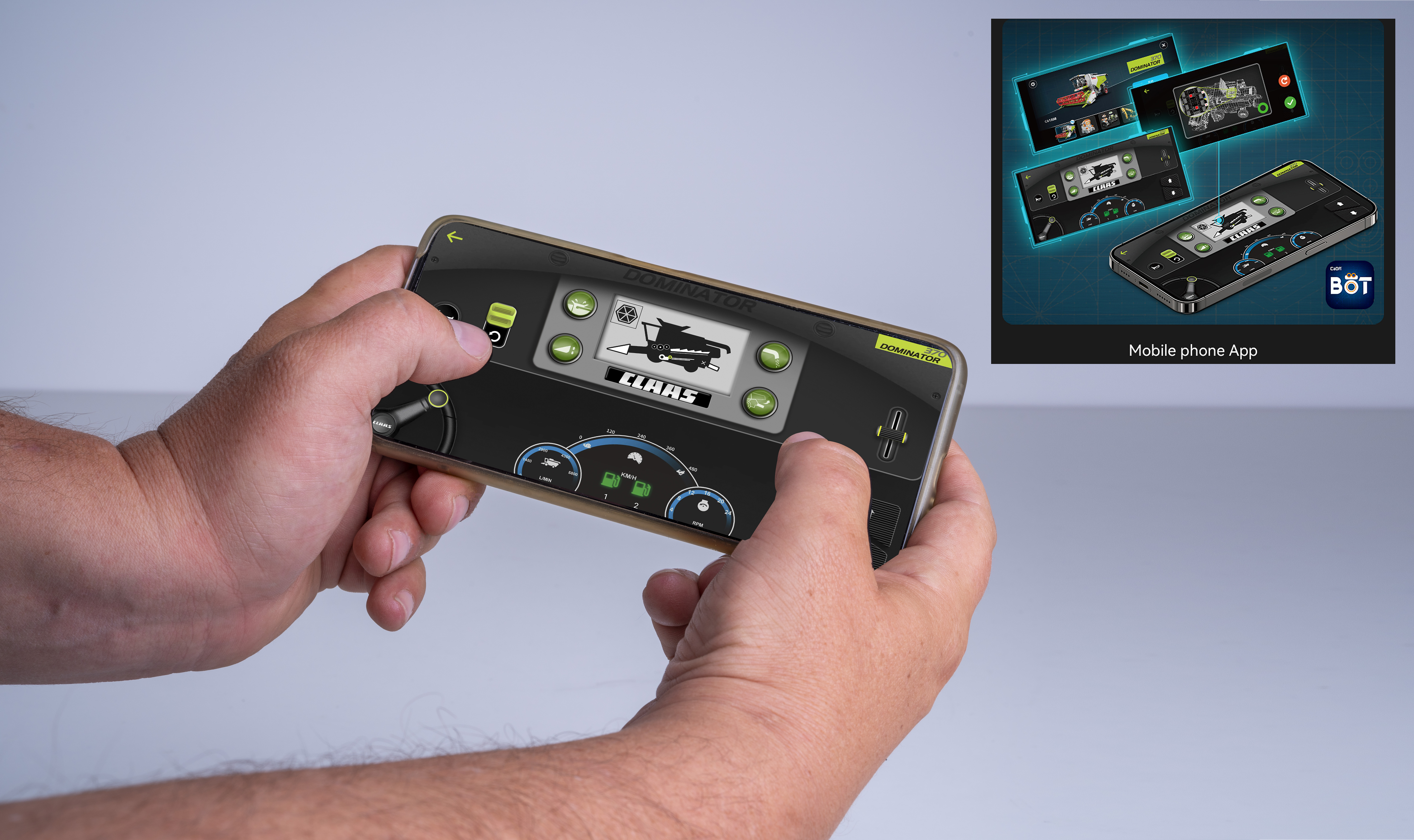 Ein Mann hält ein Telefon mit einer Traktor-App. Die App zeigt eine Traktor-Benutzeroberfläche mit verschiedenen Anzeigen und Knöpfen.