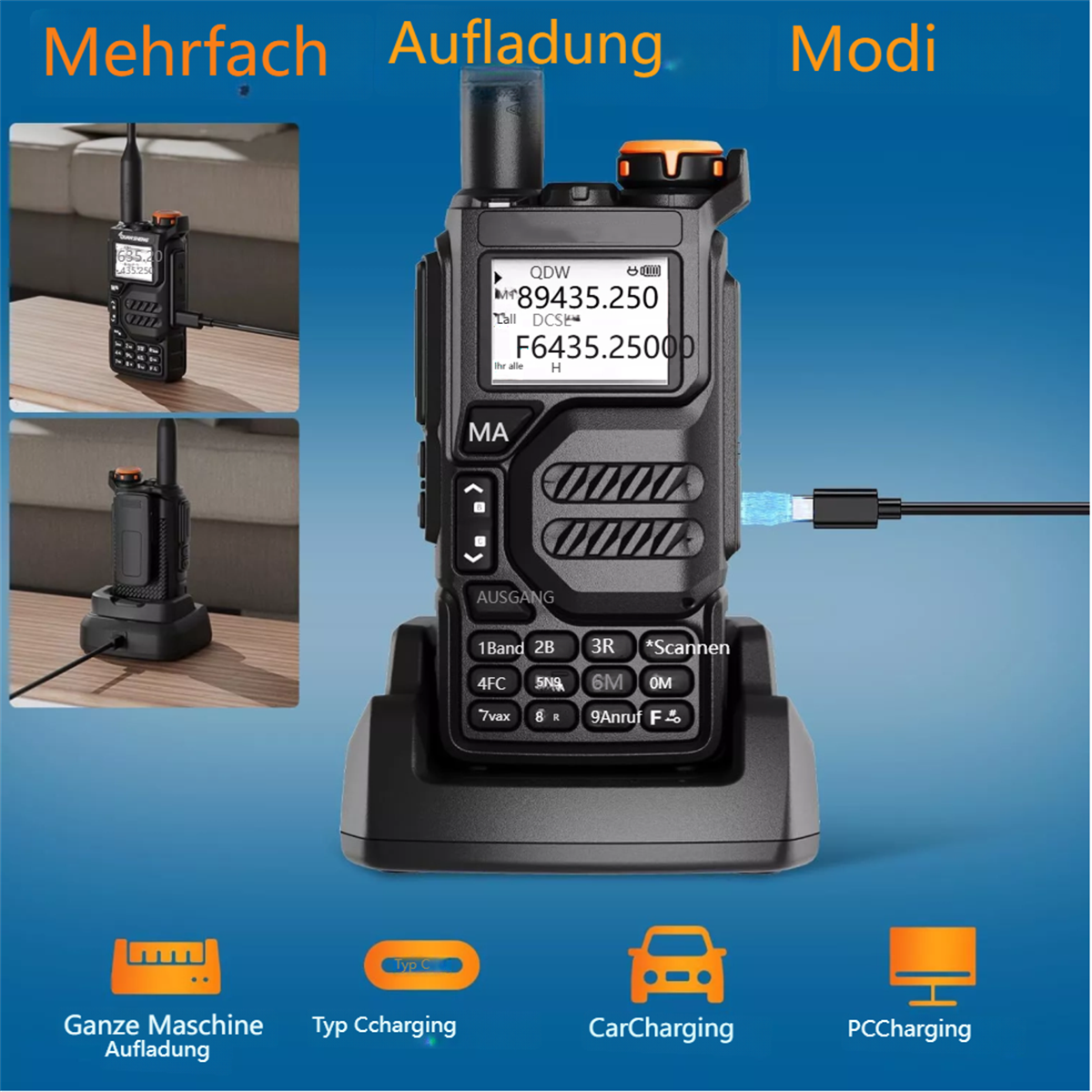 Ein schwarzes Walkie-Talkie steht auf einer Ladestation. Zusätzliche Ladeoptionen werden angezeigt.