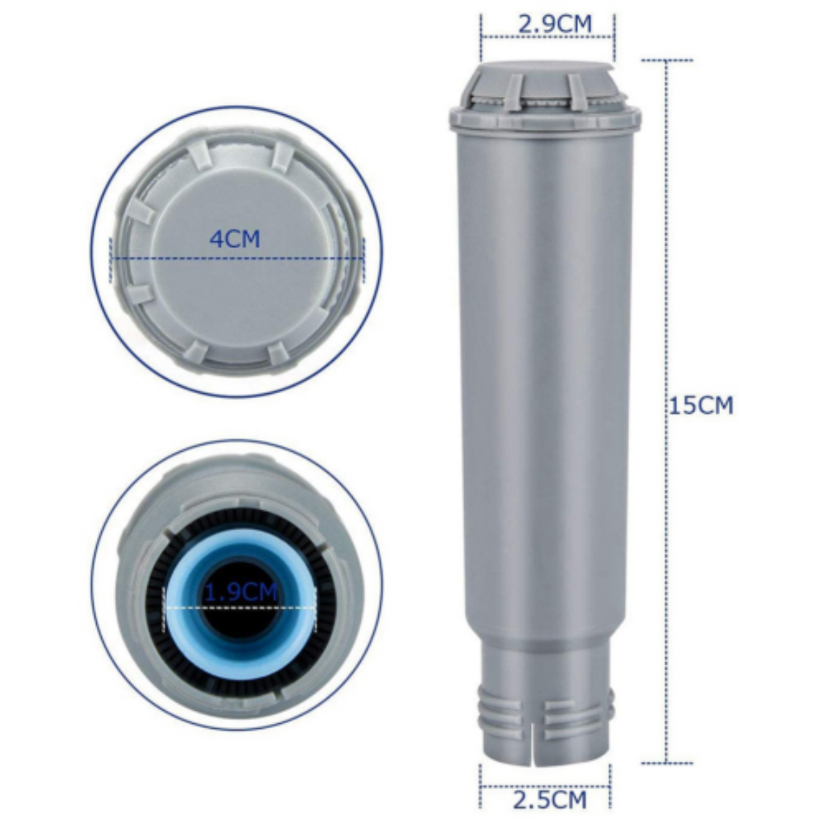 Eine Nahaufnahme eines grauen Wasserfilters mit Abmessungen. Draufsicht und Unteransicht sind angegeben. Weißer Hintergrund.