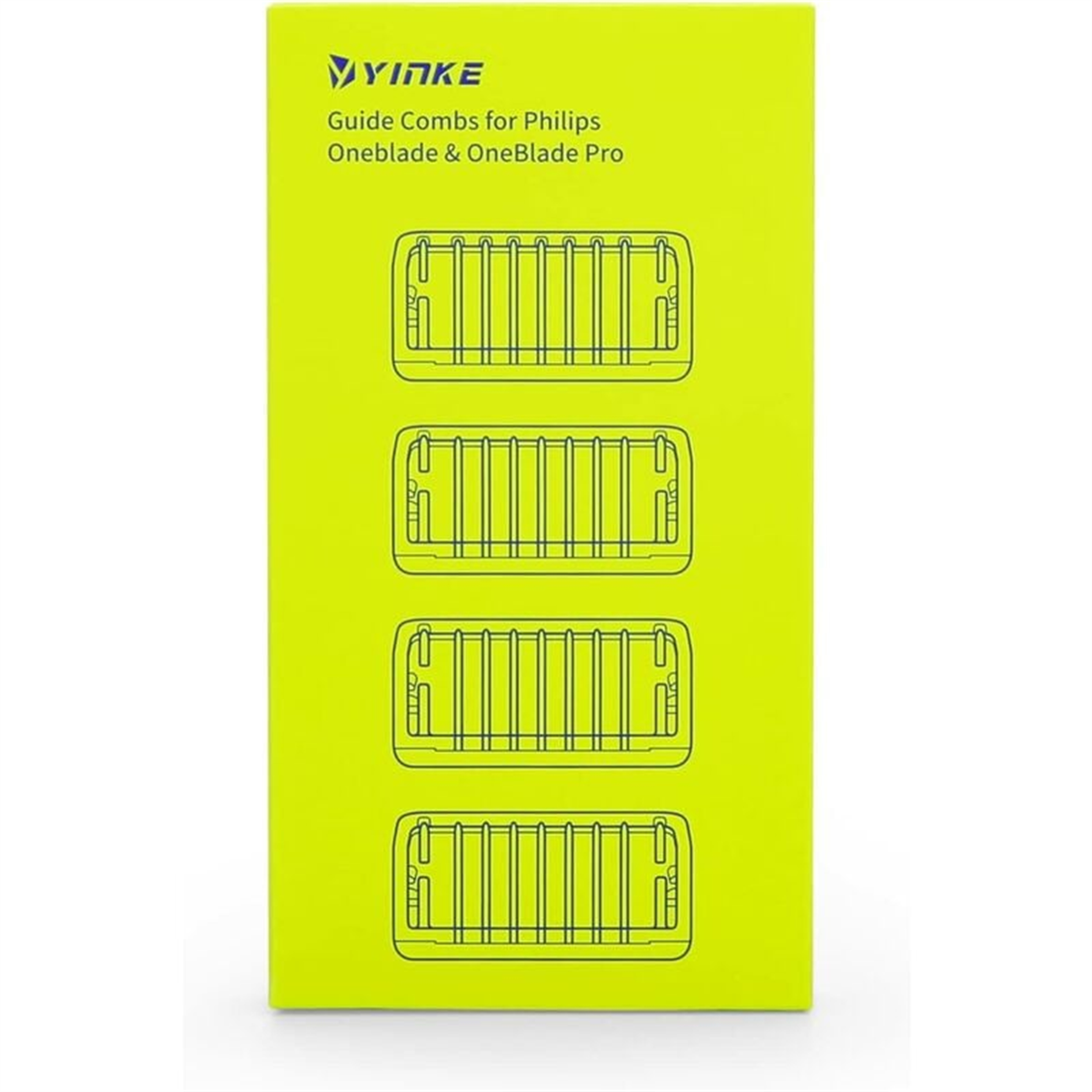 Eine leuchtend gelbe Box mit Führungskämmen für Philips Oneblade.