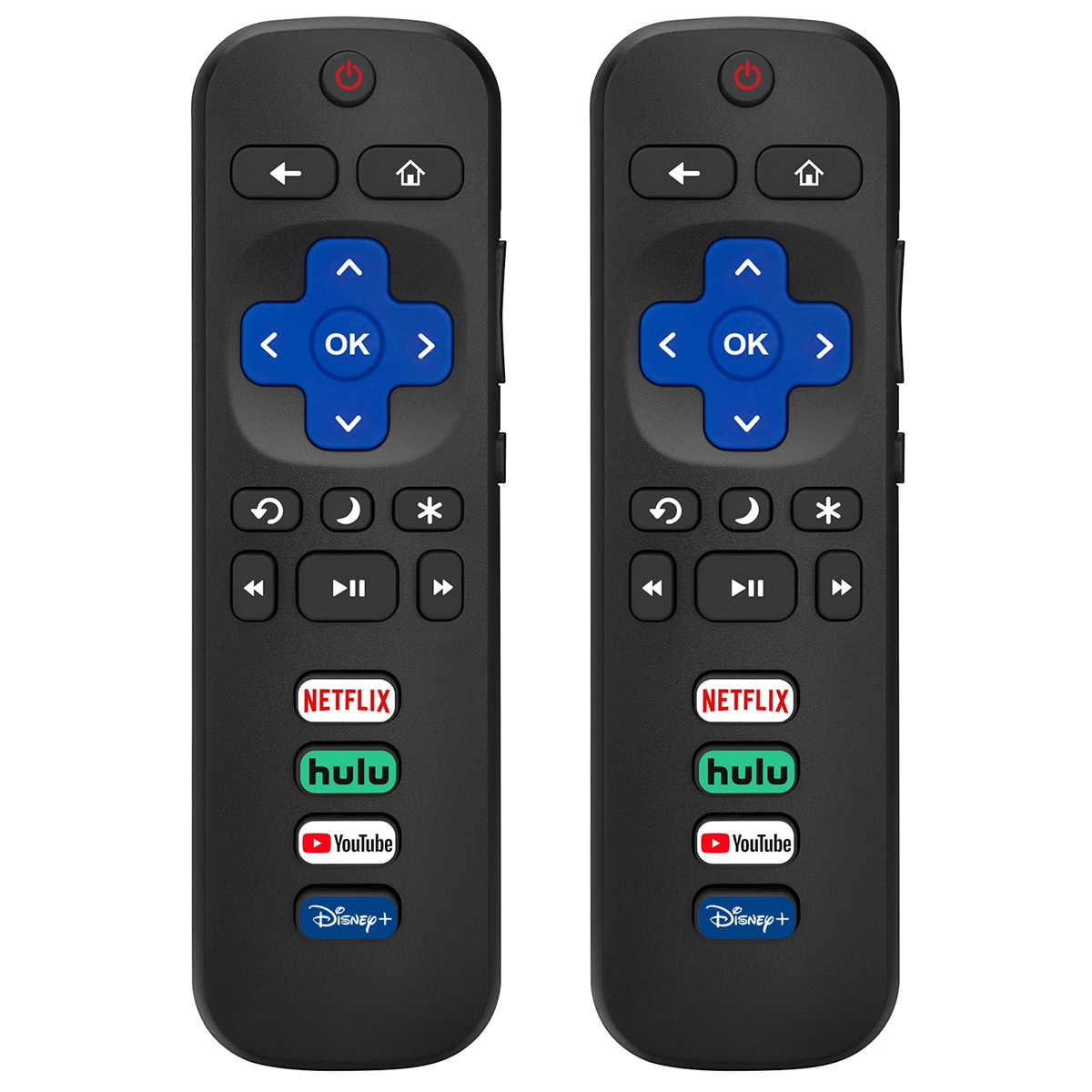 Zwei schwarze Fernbedienungen mit mehreren Tasten. Eine hat einen Ein-/Ausschalter und Netflix-, Hulu-, YouTube- und Disney+-Tasten.