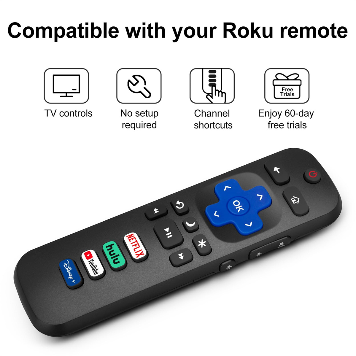 Eine schwarze Roku-Fernbedienung mit Symbolen und Text über die Funktionen. Weißer Hintergrund.