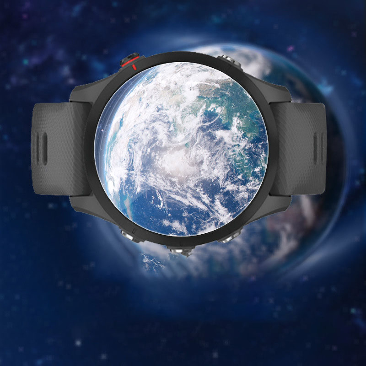 Eine Smartwatch mit grauem Armband, die ein Bild der Erde anzeigt. Der Hintergrund ist der Weltraum.