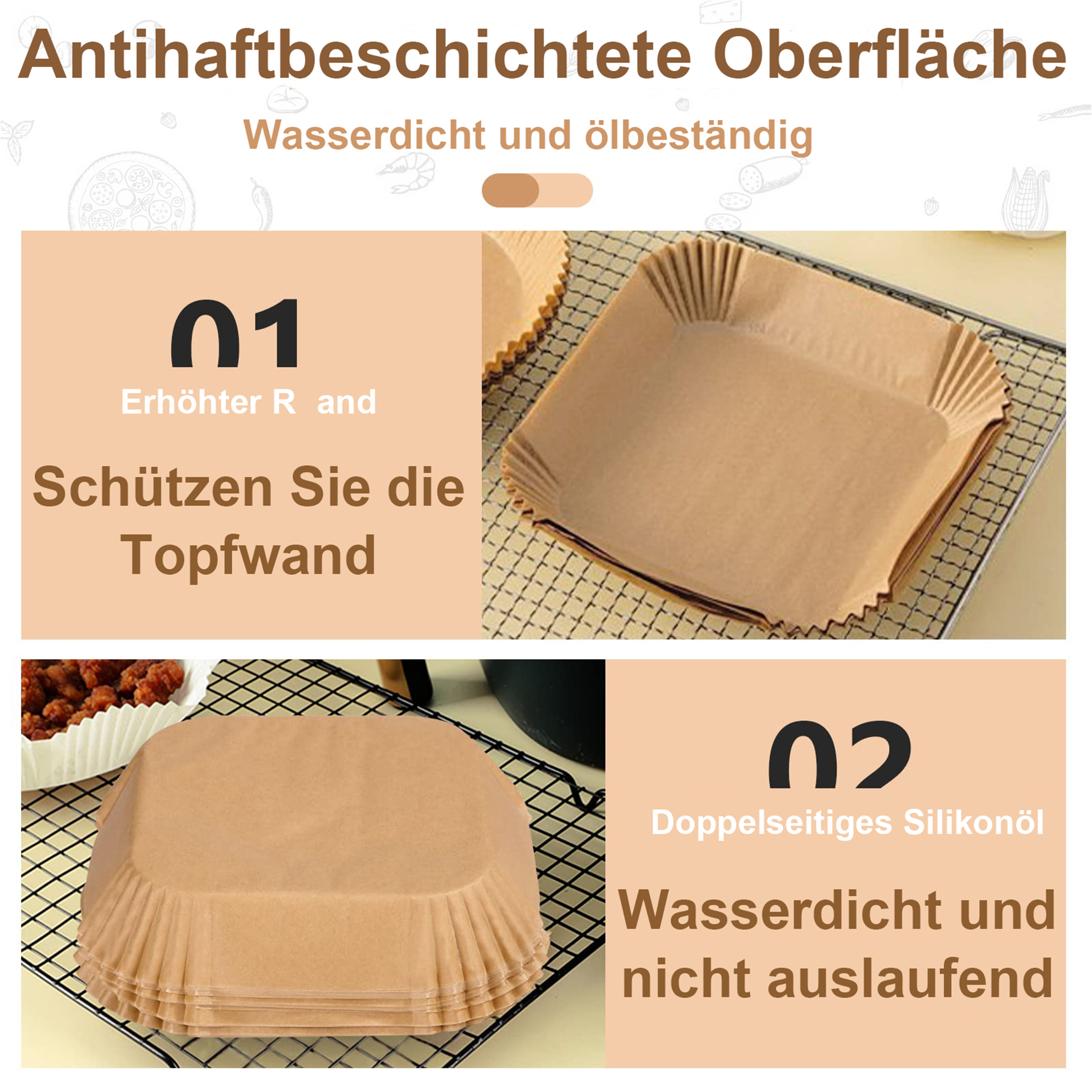 Das Bild zeigt braunes Backpapier in quadratischer und rechteckiger Form. Text beschreibt es als wasser- und ölbeständig.
