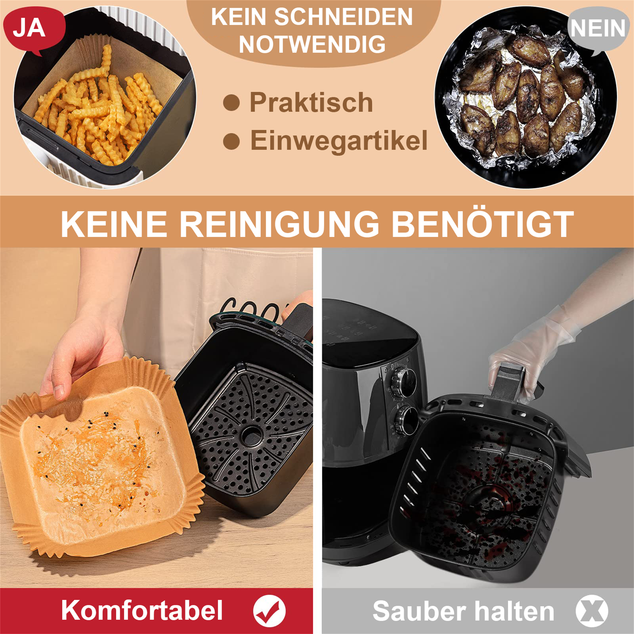 Heißluftfritteuse mit Pommes und Chicken Wings mit Text, dass keine Reinigung erforderlich ist.