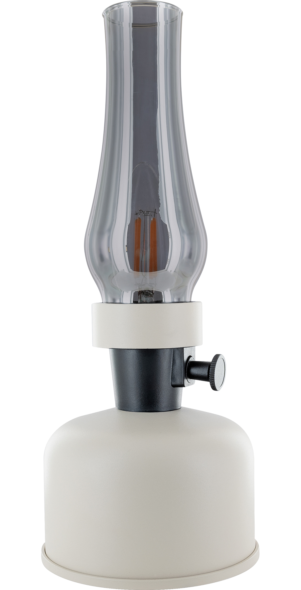 Eine Lampe mit einem klaren, gebogenen Glasschirm und einem weißen Sockel. Die Glühbirne im Inneren leuchtet.