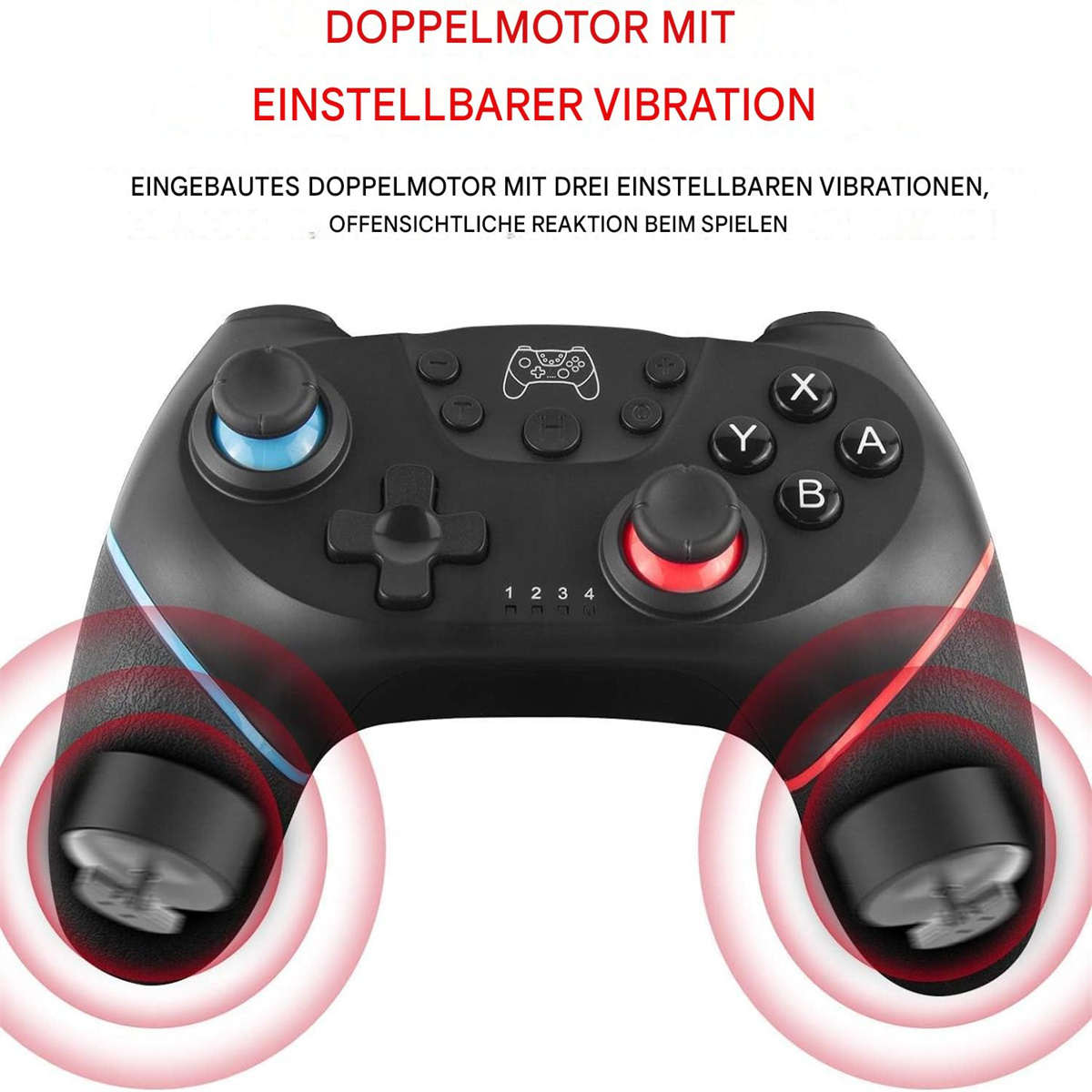 Ein schwarzer Gamecontroller mit Knöpfen, Joysticks und roten und blauen Lichtern.