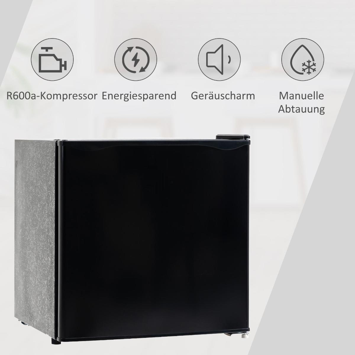 Das Bild zeigt einen schwarzen Mini-Kühlschrank mit Symbolen und deutschem Text, der seine Funktionen beschreibt, vor einem verschwommenen Hinterg