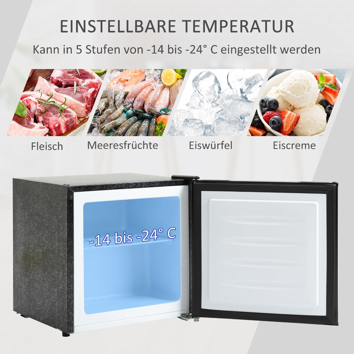 Das Bild zeigt einen schwarzen Mini-Kühlschrank mit einer offenen Tür, die ein hellblaues Interieur und eine Grafik von Lebensmitteln im Inneren zeigt.