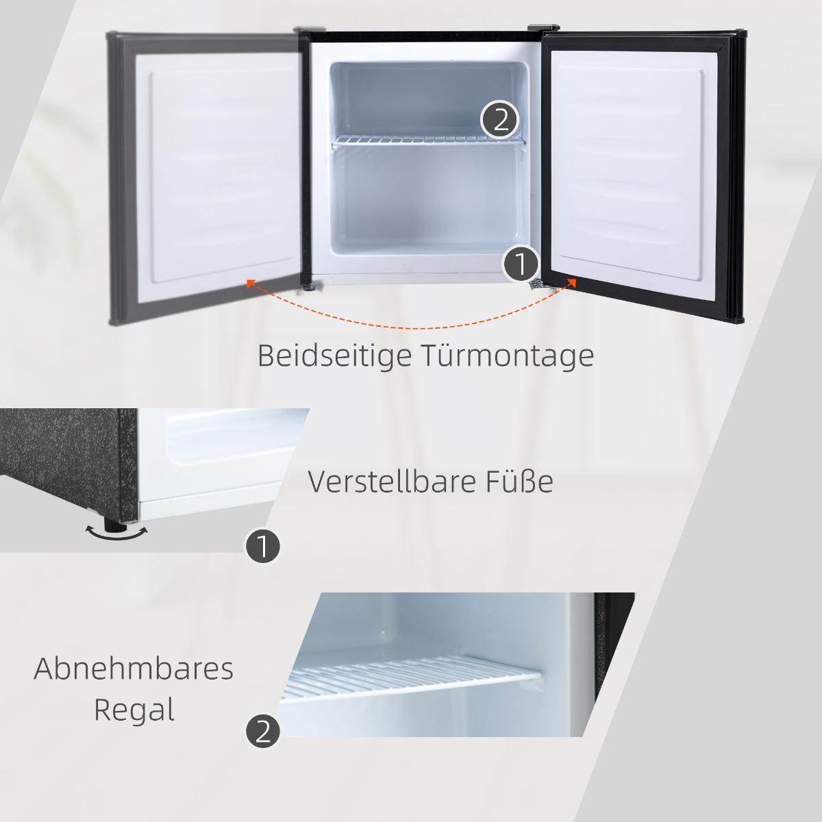Das Bild zeigt einen geöffneten Mini-Kühlschrank mit Diagrammen, die auf verstellbare Füße und ein herausnehmbares Regal zeigen, mit deutschem Text.