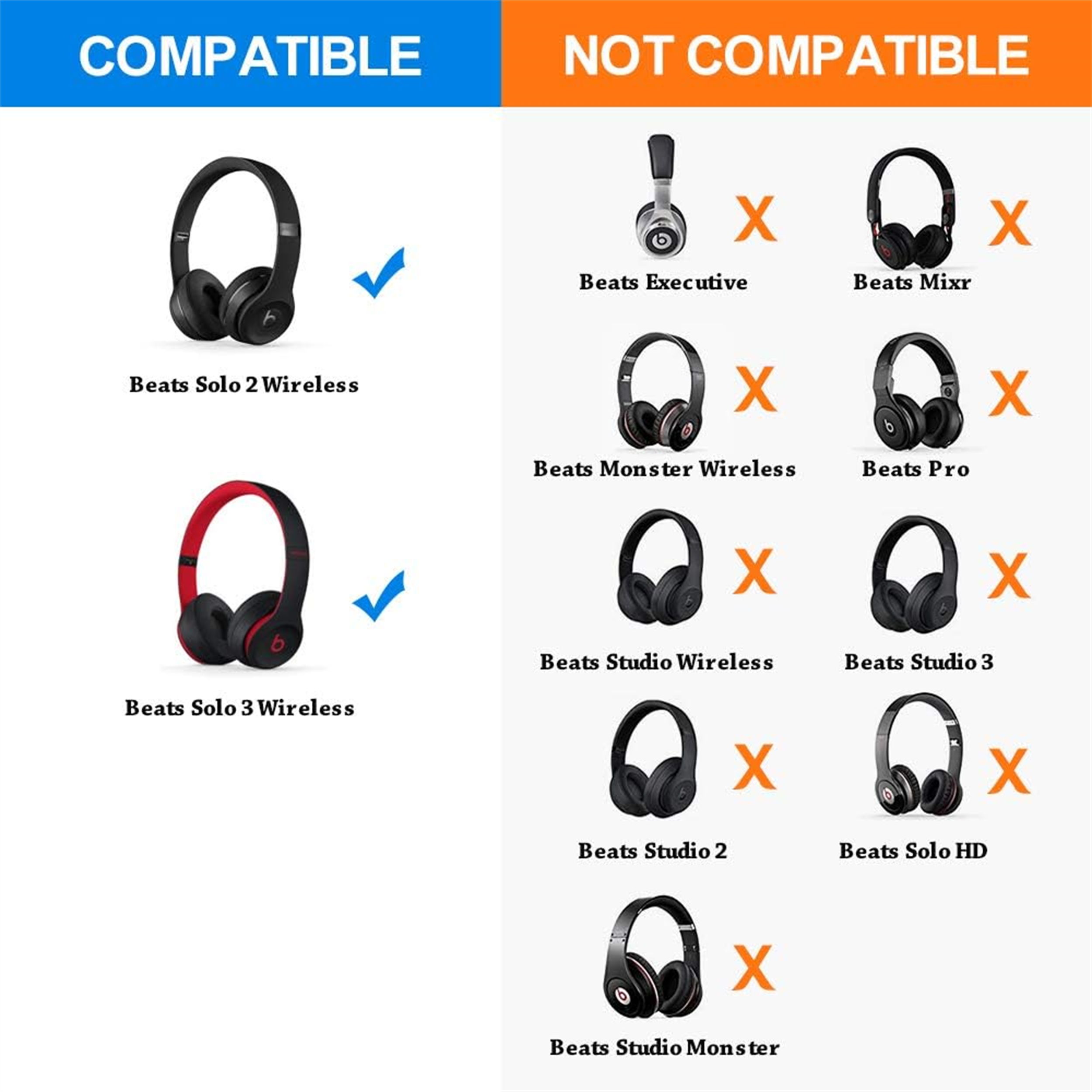 Eine Vergleichstabelle zeigt kompatible und inkompatible Kopfhörer. Beats Solo 2 und 3 sind kompatibel.