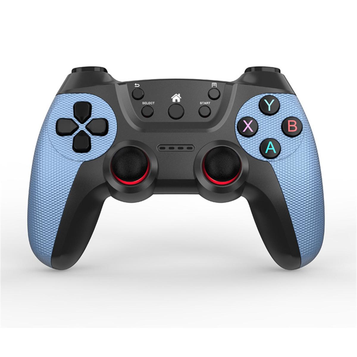 Ein Gamecontroller mit blau strukturiertem Griff und schwarzen Knöpfen. Es hat das Standard-Tastenlayout.