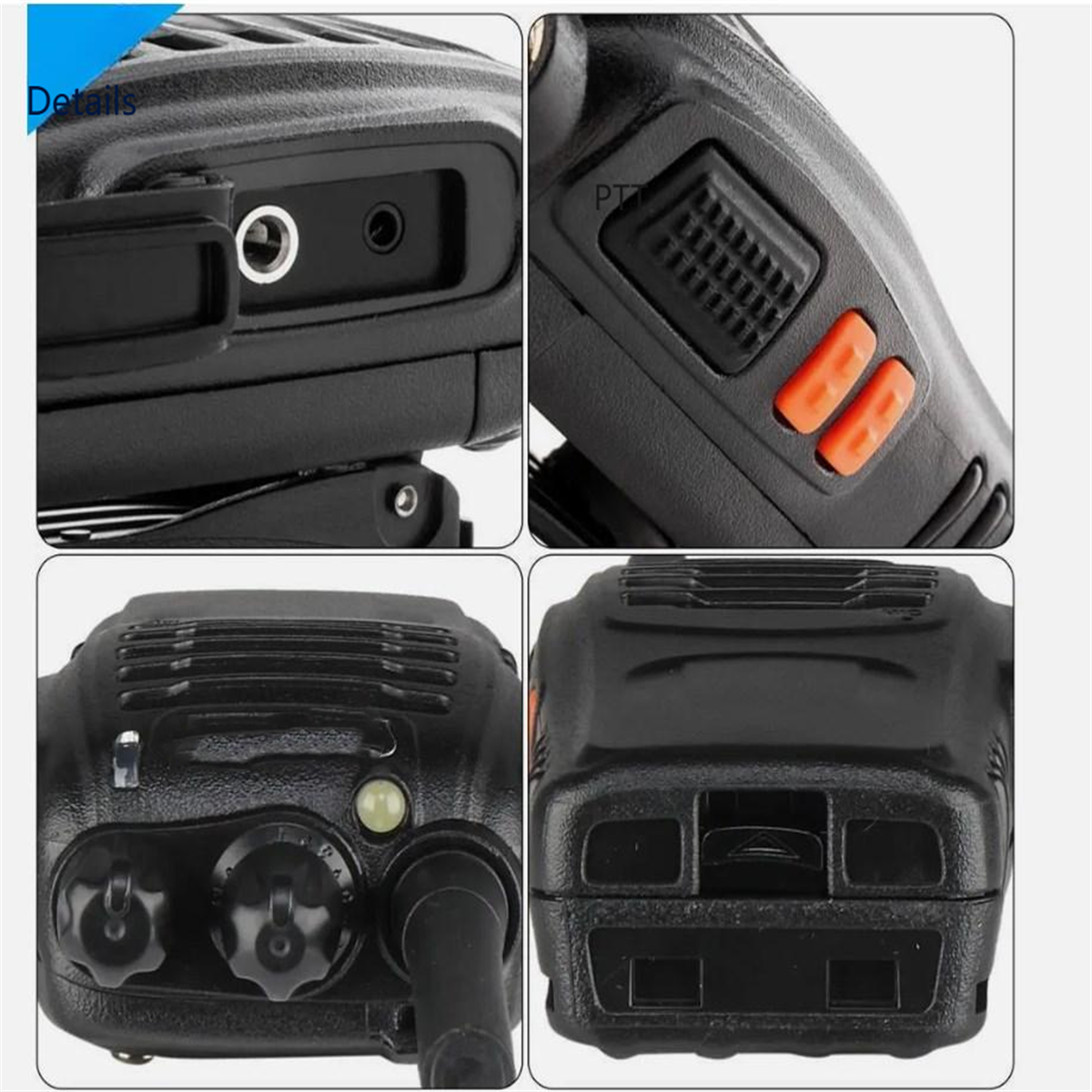 Nahaufnahmen von Details eines schwarzen Walkie-Talkies. Knöpfe, ein Anschluss und die Oberseite.