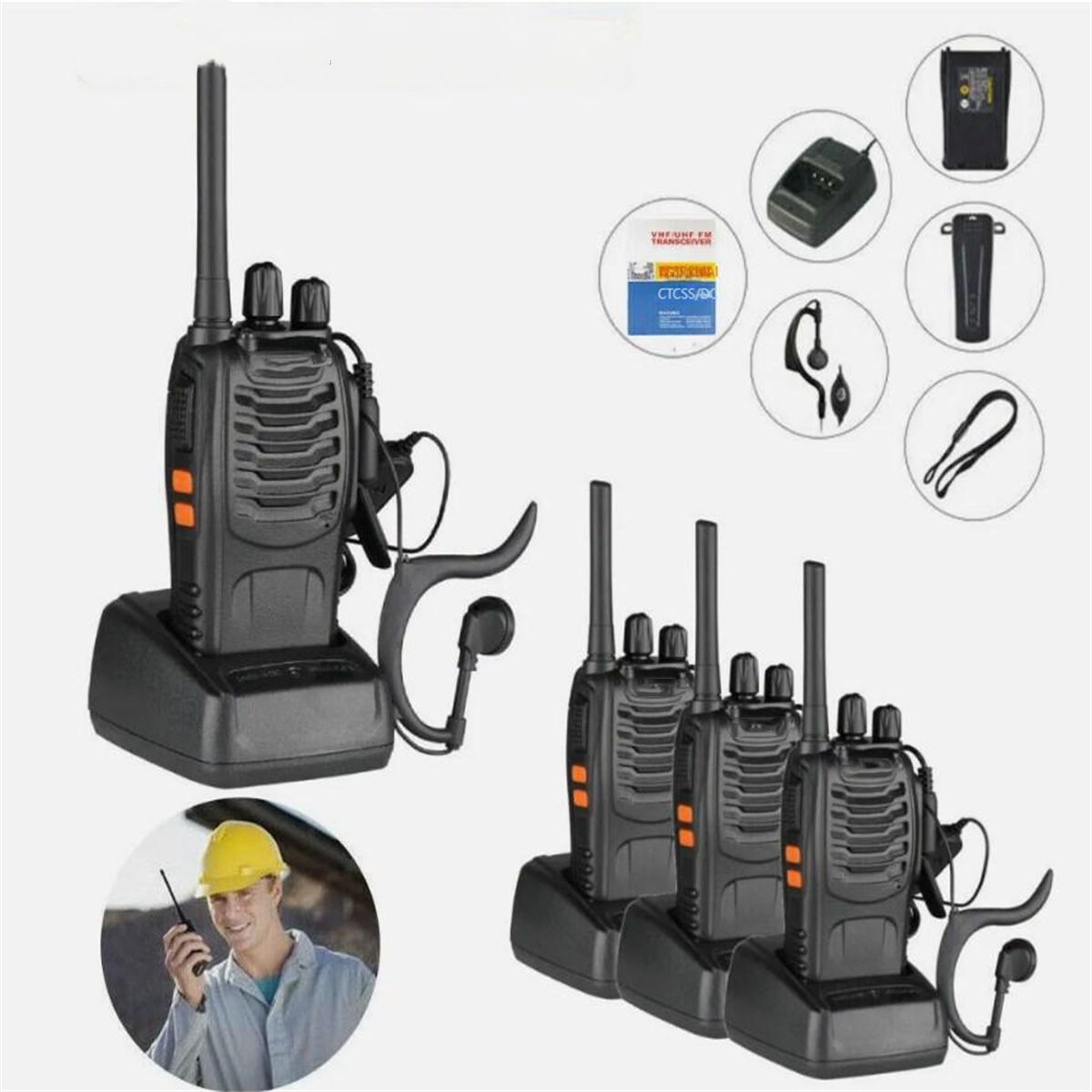 Schwarze Walkie-Talkies auf Ladegeräten und Zubehör. Eine Person mit gelbem Helm benutzt ein Walkie-Talkie.