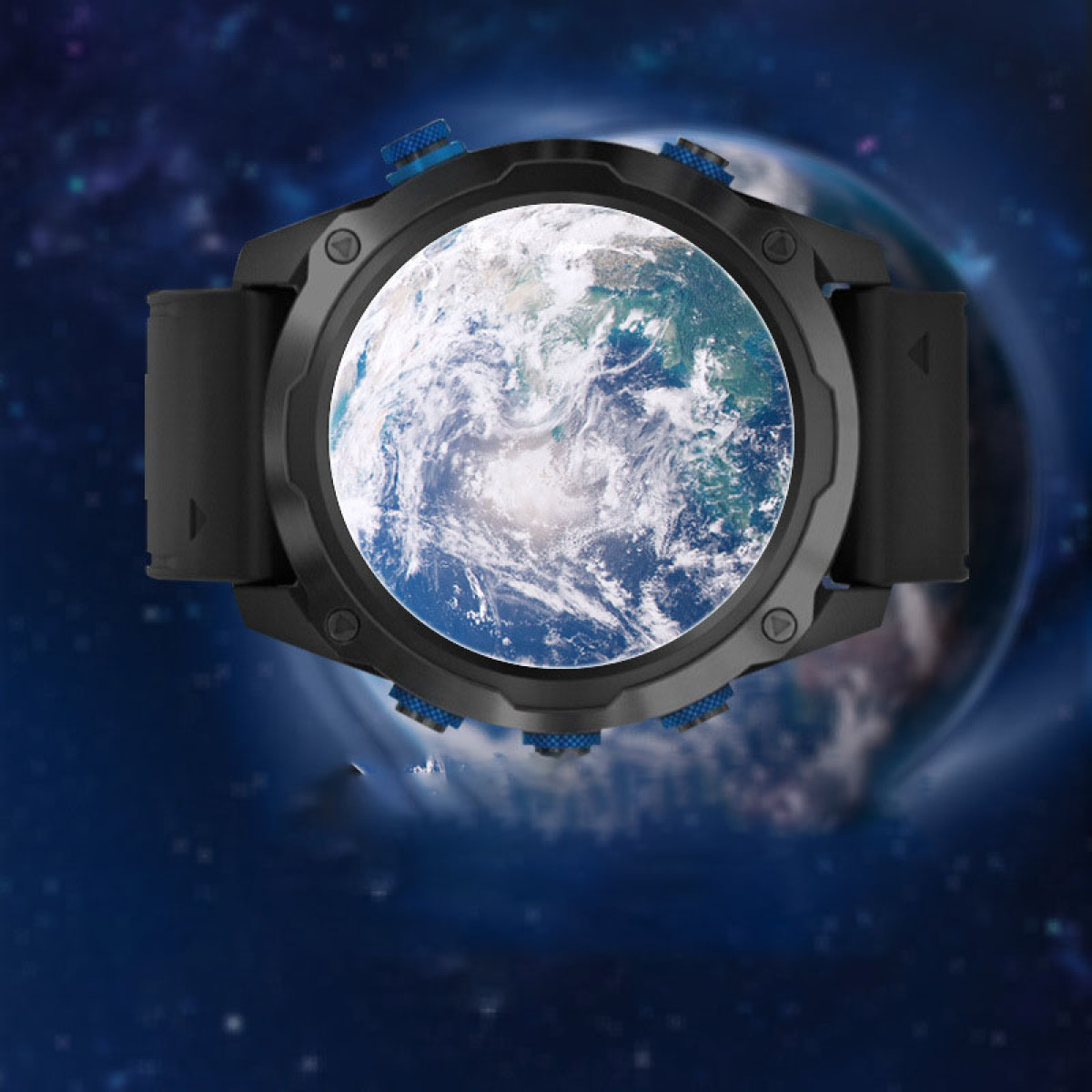Uno smartwatch nero con una mappa del mondo sullo schermo. L'orologio ha dettagli blu intorno al quadrante.