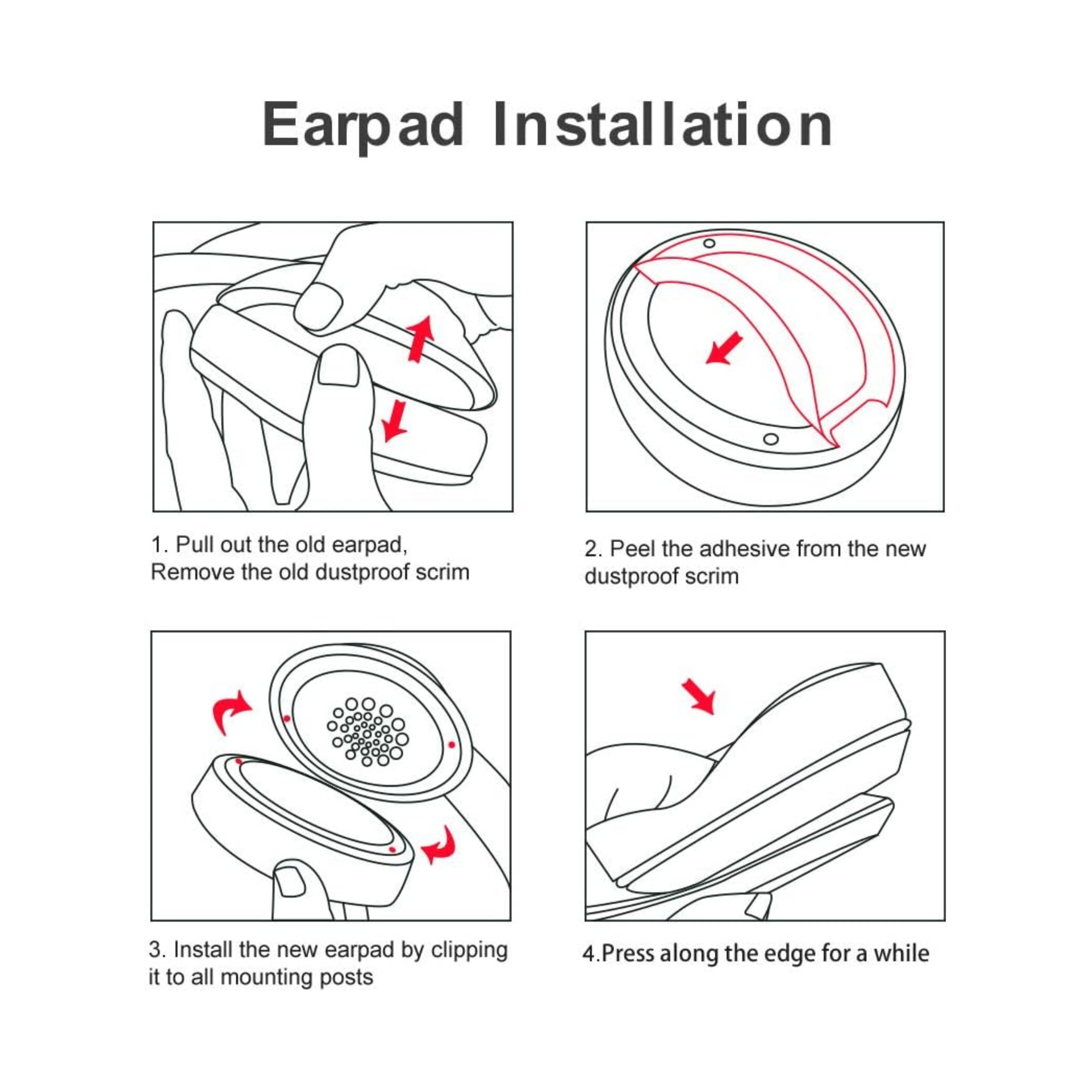Ein Diagramm zeigt, wie man Ohrpolster installiert. Schritte umfassen das Entfernen alter und das Anbringen neuer Pads.