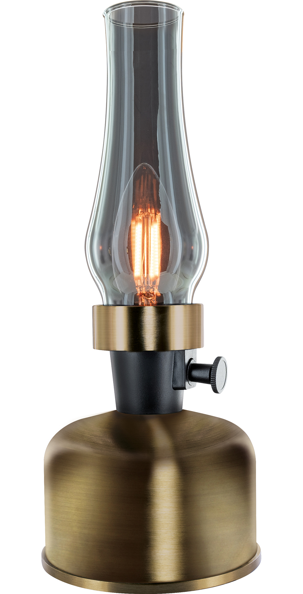 Eine Lampe im Vintage-Stil mit bronzefarbenem Sockel und klarem Glaszylinder. Eine Glühfadenlampe ist innen. Ein schwarzer Knopf und ein schwarzer Sockel.
