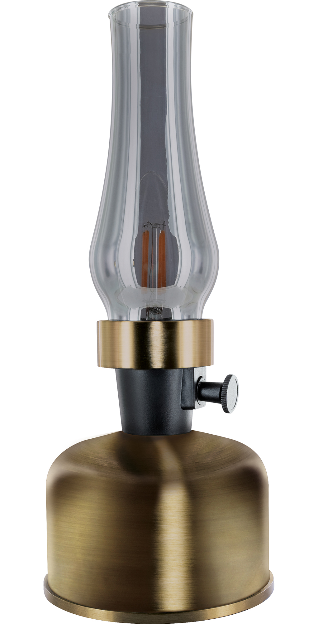 Eine Messinglampe im Vintage-Stil mit einem durchsichtigen Glasschirm. Die Lampe hat einen dunklen Sockel und einen Knopf.