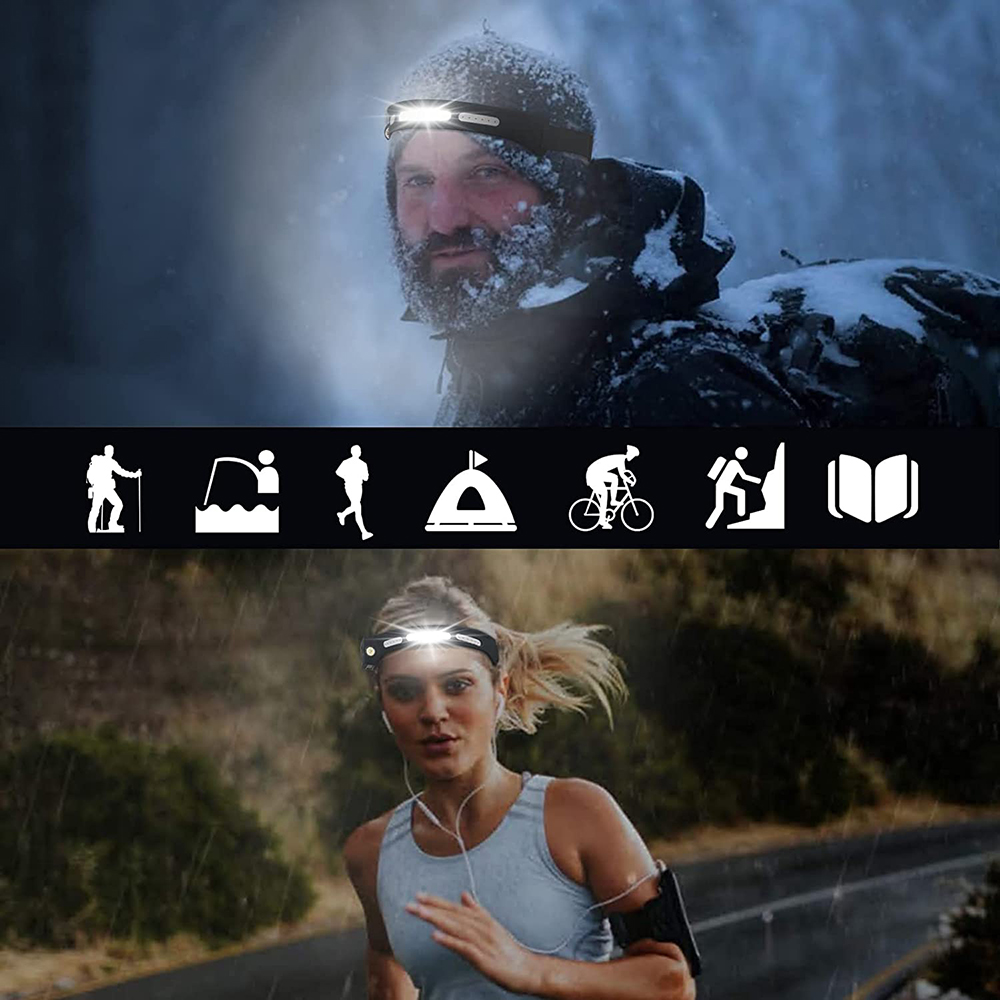 Zwei Personen mit Stirnlampen, eine im Schnee, eine beim Laufen. Symbole für Outdoor-Aktivitäten.