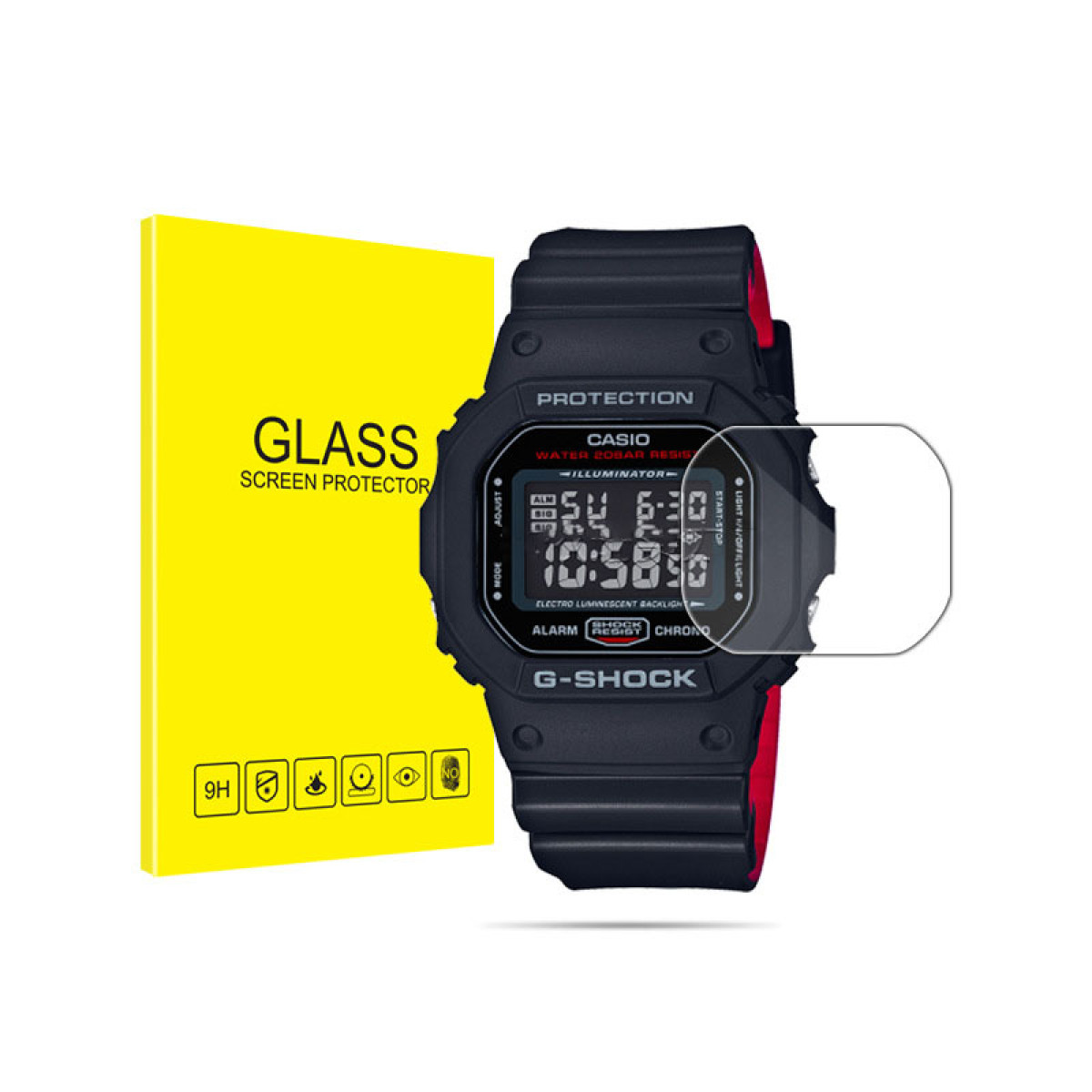 Schwarze G-Shock-Uhr mit Displayschutz und einer gelben Box mit