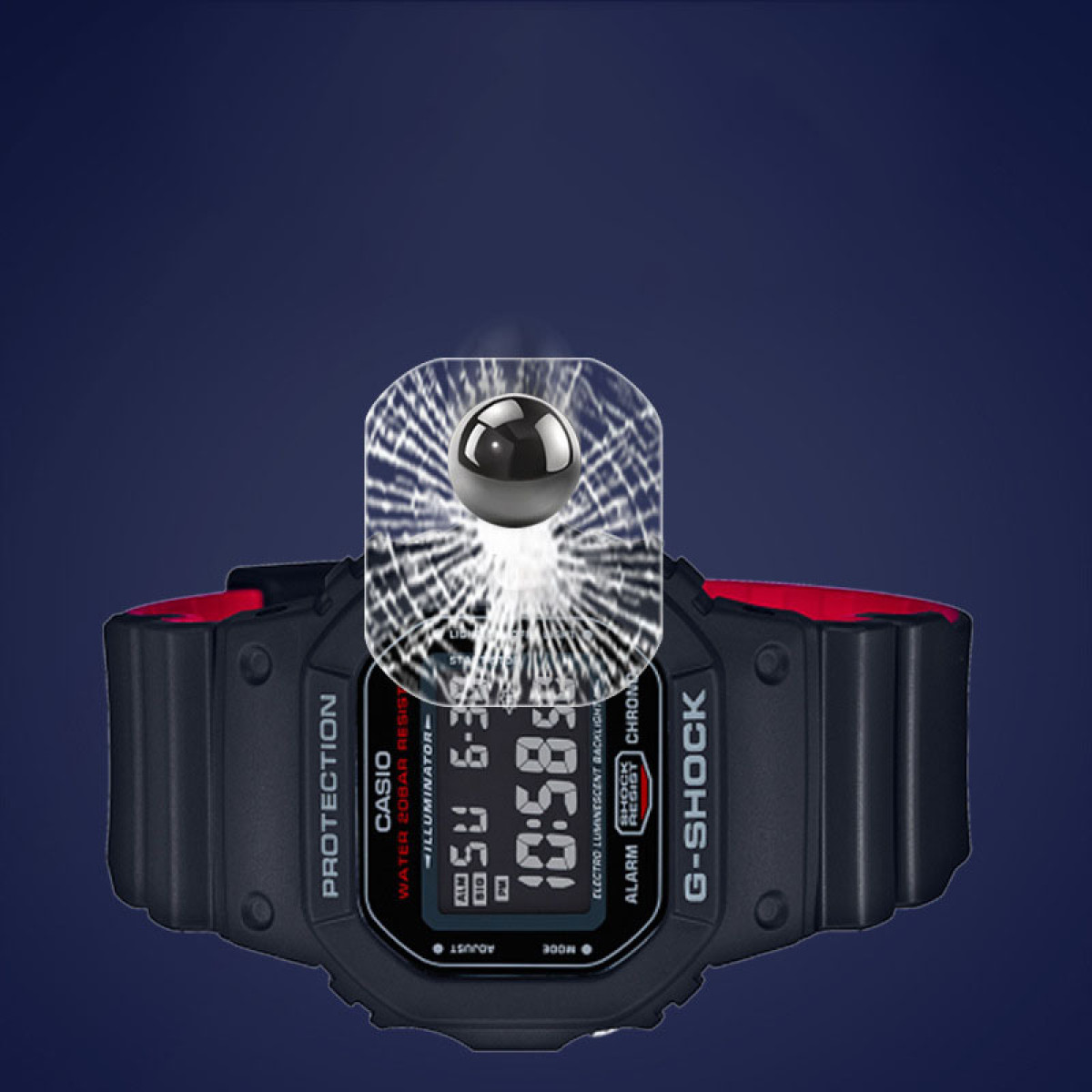 Schwarze G-Shock-Uhr mit rotem Armband und einer schwarzen Kugel darüber. Der Hintergrund ist blau.
