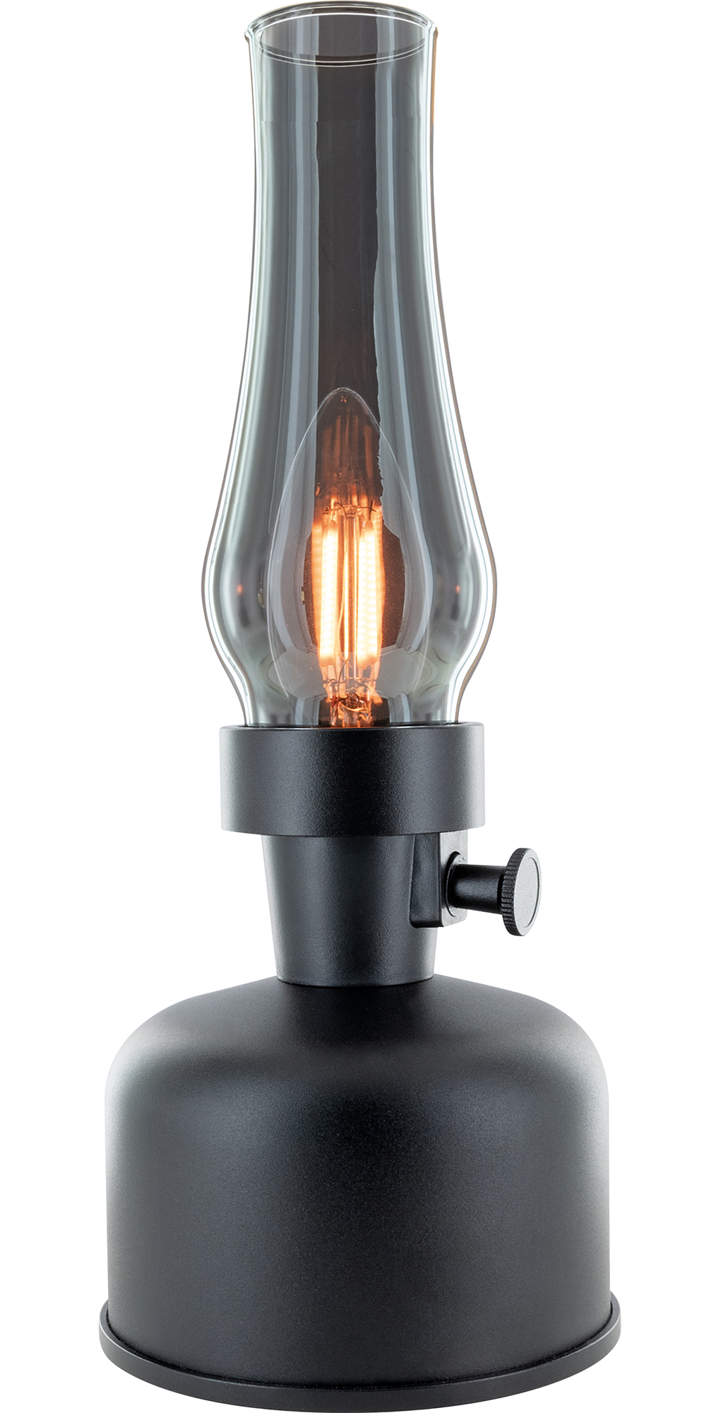 Eine schwarze Lampe mit einem durchsichtigen Glaskopf und einer beleuchteten Glühbirne im Inneren.