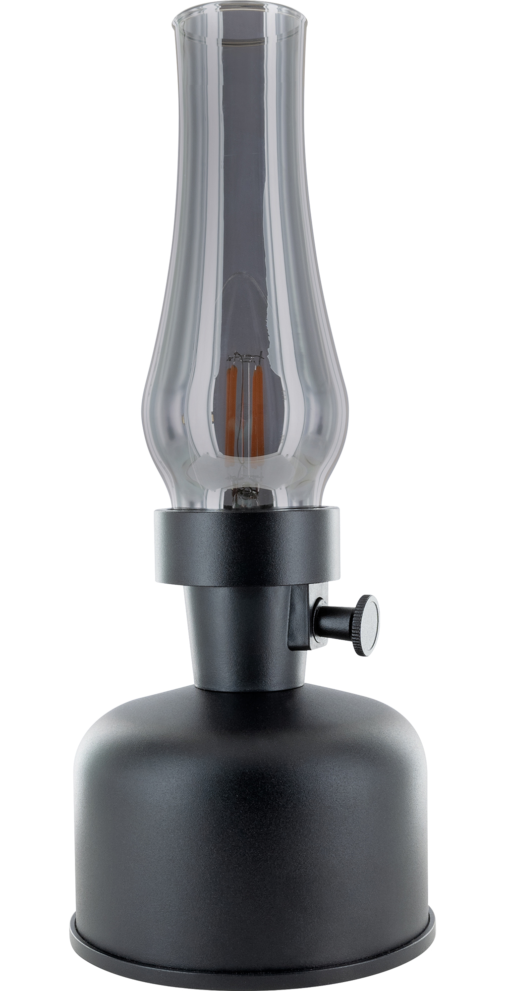 Eine schwarze Lampe mit einem durchsichtigen Glaskopf und einer Glühbirne im Inneren.