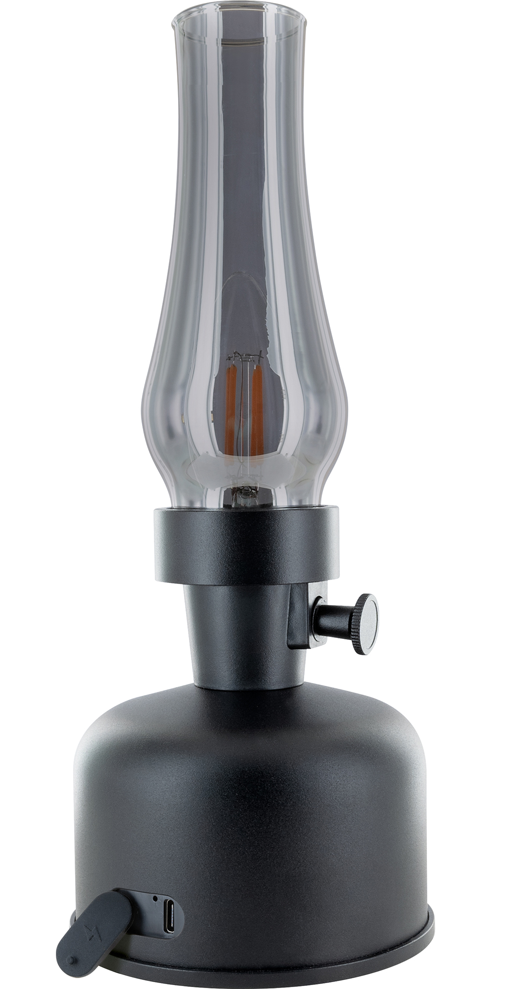 Eine schwarze Lampe mit durchsichtigem Glaskopf, beleuchteter Glühbirne und USB-Anschluss am Sockel.