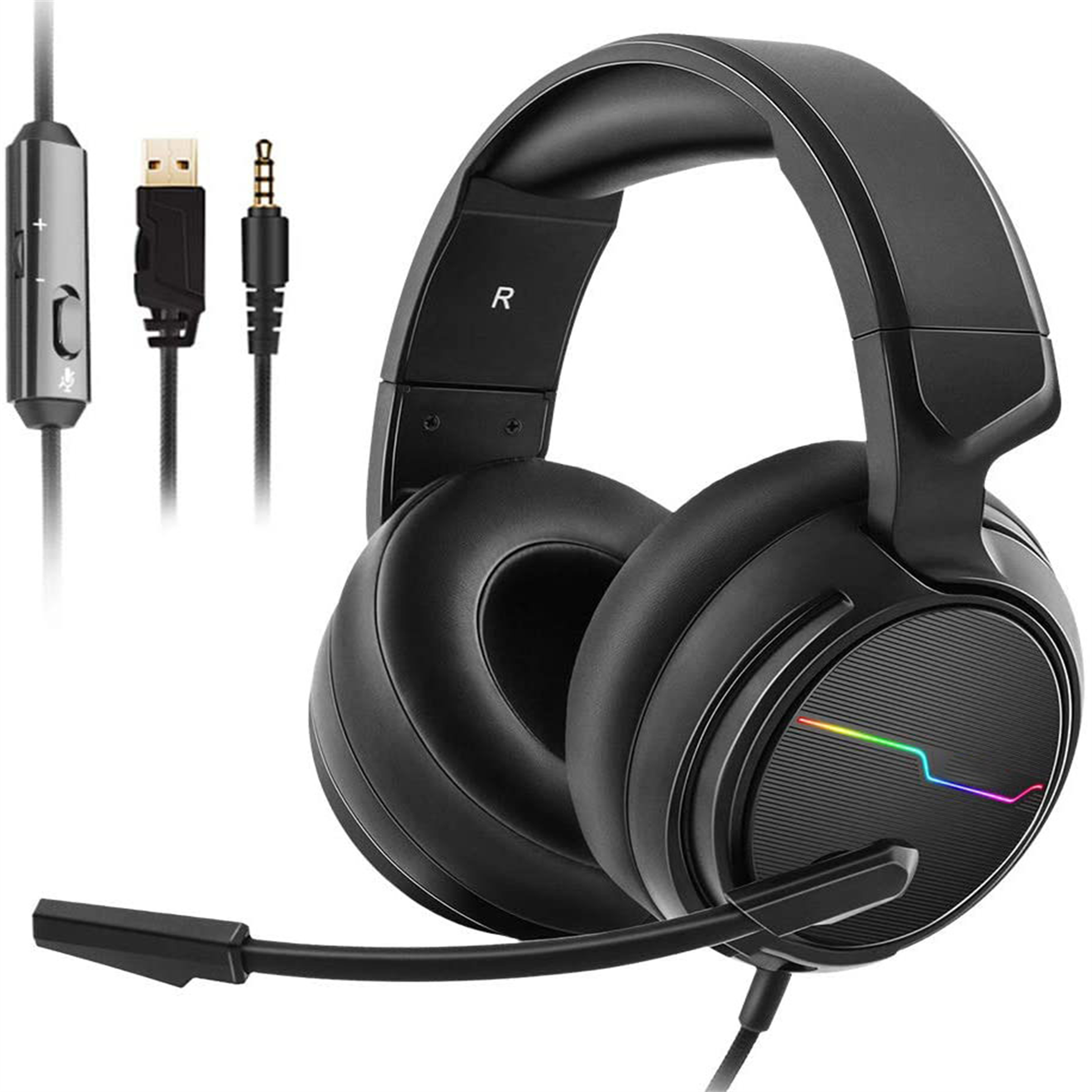 Schwarze Gaming-Kopfhörer mit Mikrofon und bunten Lichtern an den Ohrmuscheln.