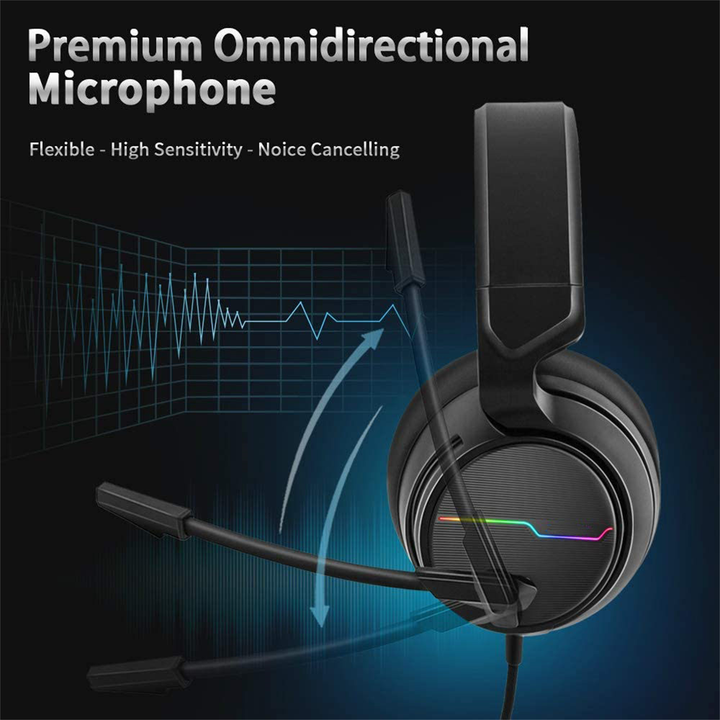 Ein schwarzes Gaming-Headset mit flexiblem Mikrofon. Zeigt Schallwellen und Text: Premium Omnidirektionales Mikrofon.