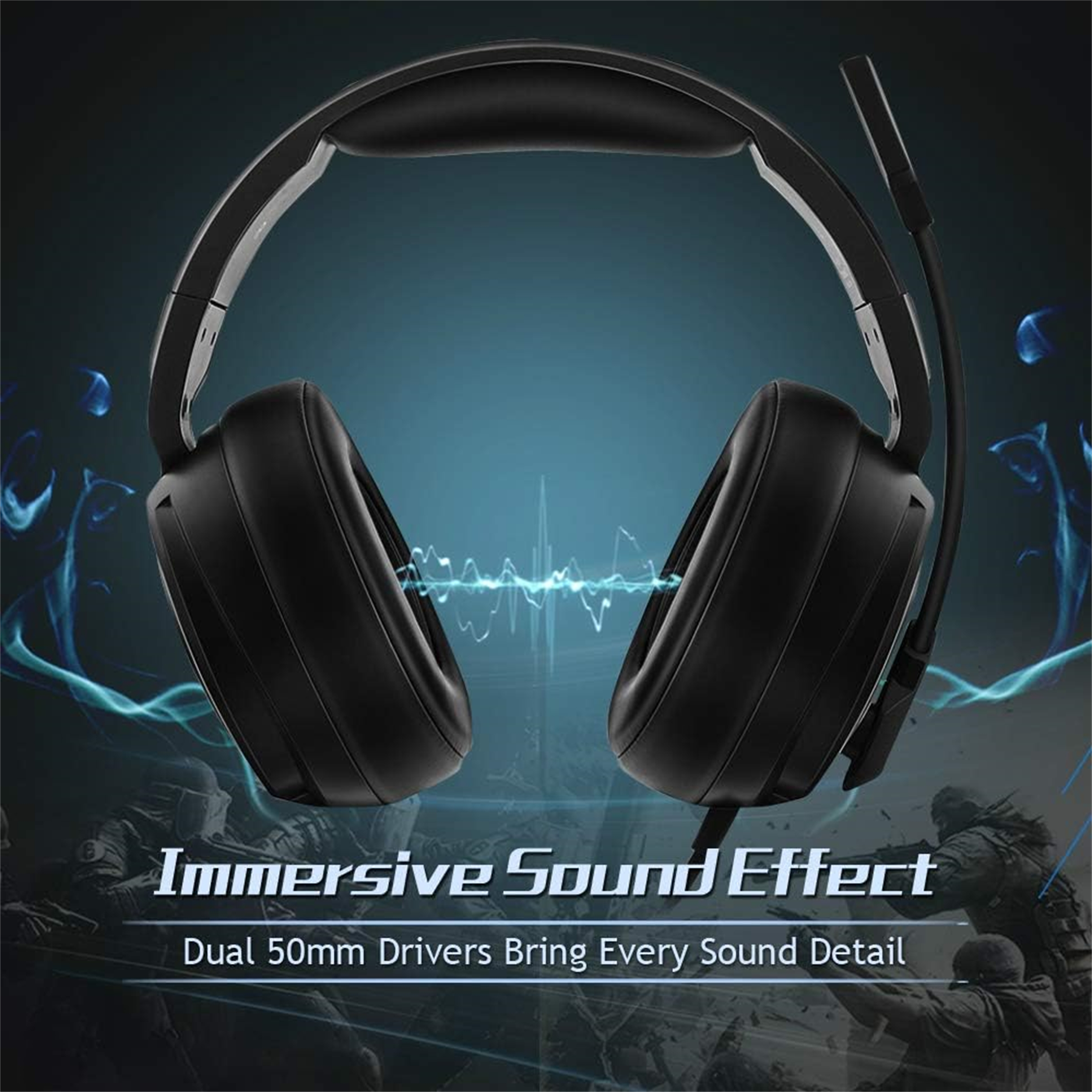 Gaming-Headset. Zeigt Ohrmuscheln und Kopfband. Text: Immersiver Soundeffekt und Duale 50-mm-Treiber.