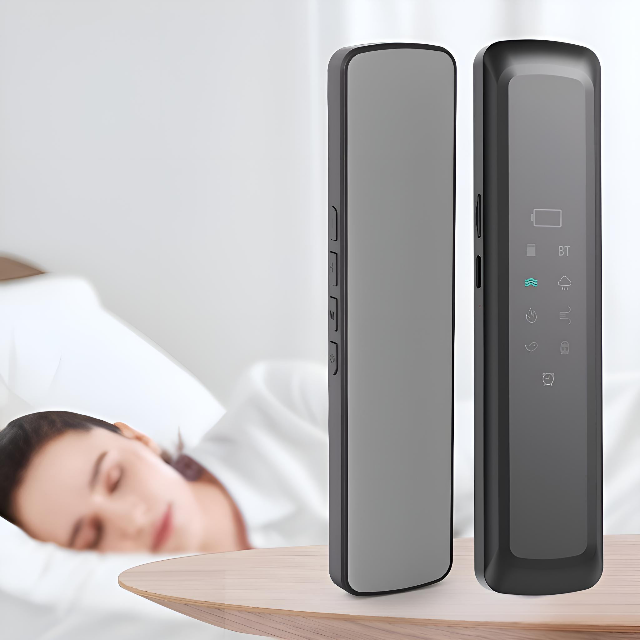 Zwei schwarze rechteckige Geräte. Eines zeigt Symbole für Batterie, BT, Regen, Nebel, Vogel und eine Uhr. Im Hintergrund ist eine Frau.