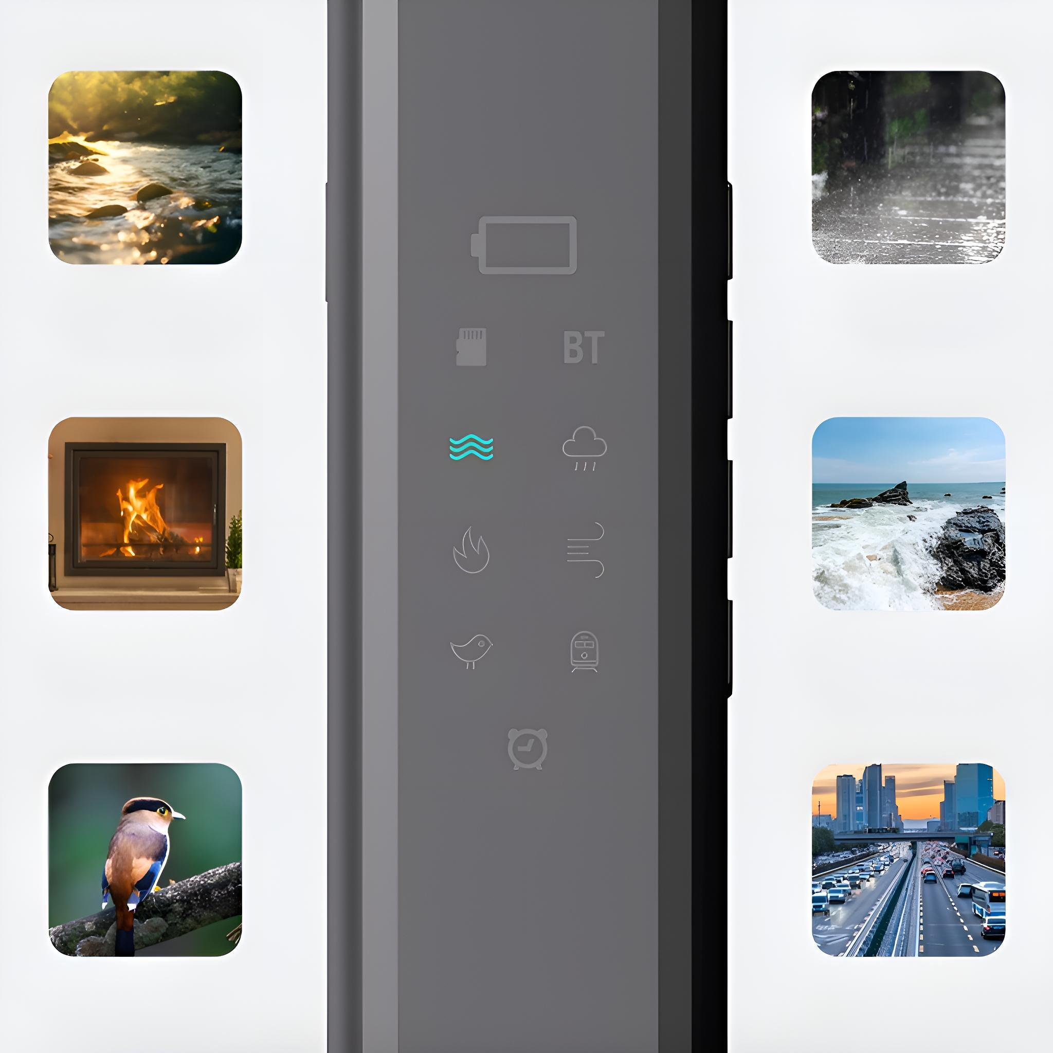 Nahaufnahme eines Geräts mit Symbolen. Enthält eine Batterie, Wasserwelle, SD-Karte, Vogel- und Wolkensymbole. Mehrere Hintergrundbilder.