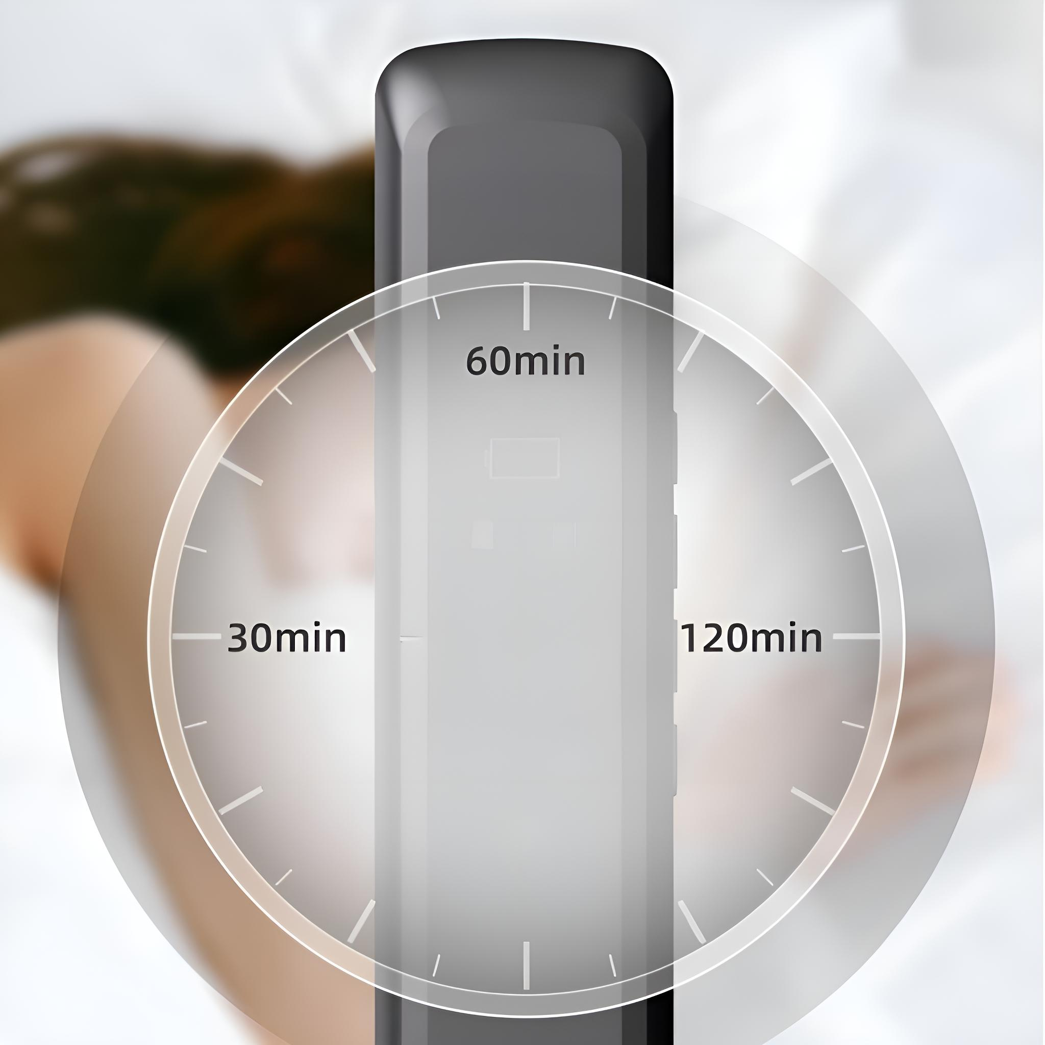 Ein Gerät mit einer Zeituhr, die 30, 60 und 120 Minuten anzeigt. Im Hintergrund ist eine Frau.