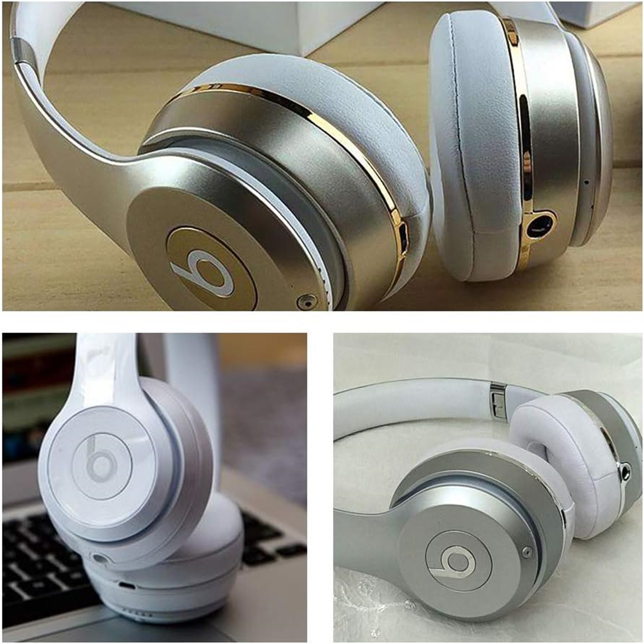 Kopfhörer. Drei Bilder von Beats-Kopfhörern in Silber mit goldenen Akzenten, die Details des Designs und der Form zeigen.