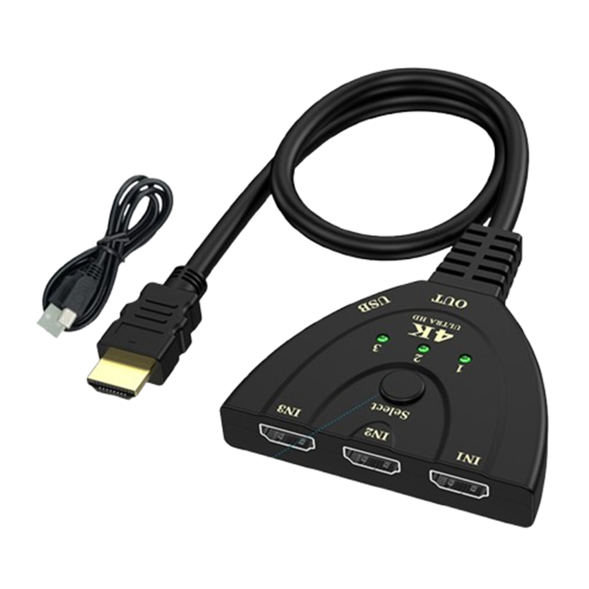 Ein schwarzer 4K HDMI-Switch mit USB und drei HDMI-Eingängen. Zwei Kabel sind angeschlossen.