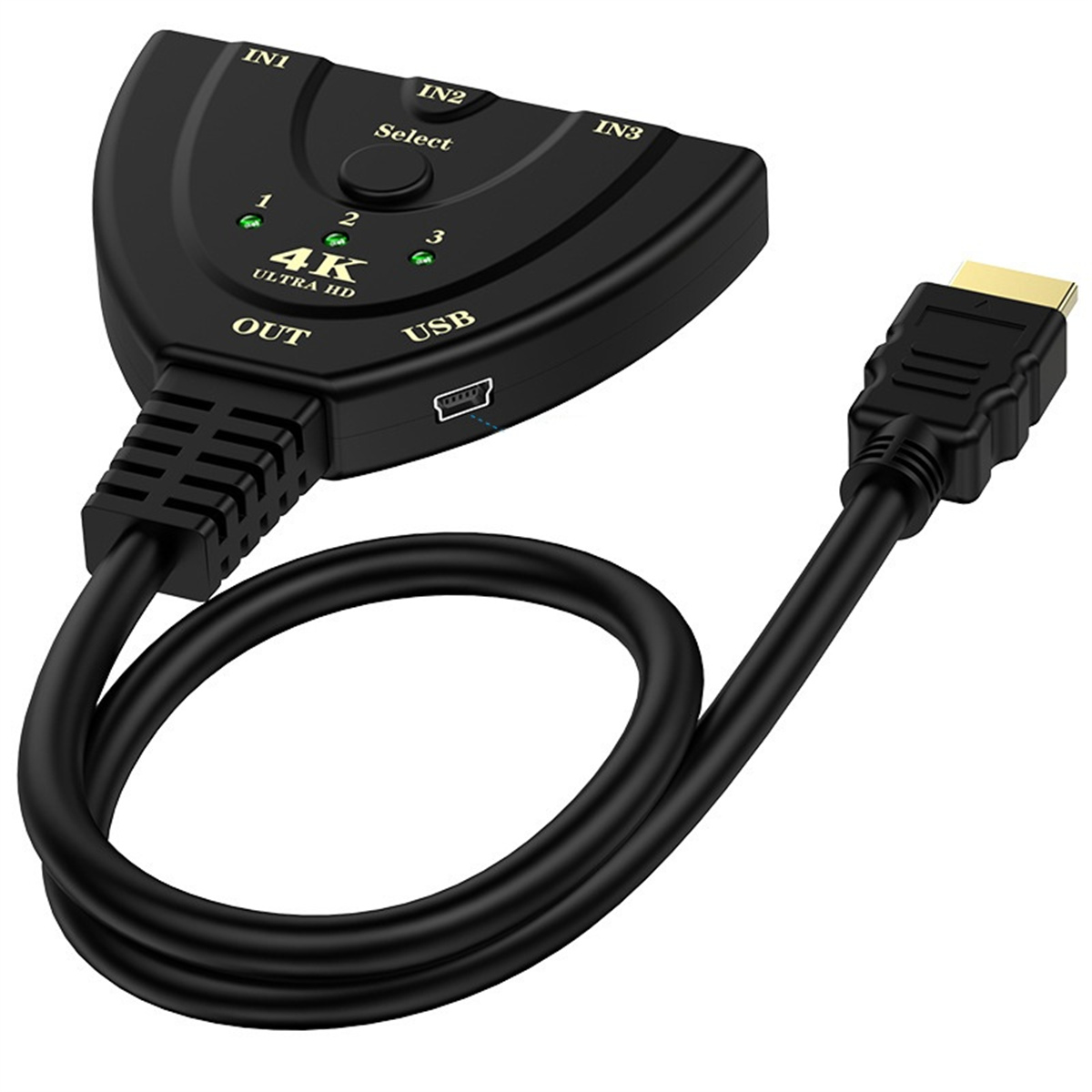 Ein schwarzer 4K HDMI-Switch mit USB und drei HDMI-Eingängen. Ein Kabel ist angeschlossen.