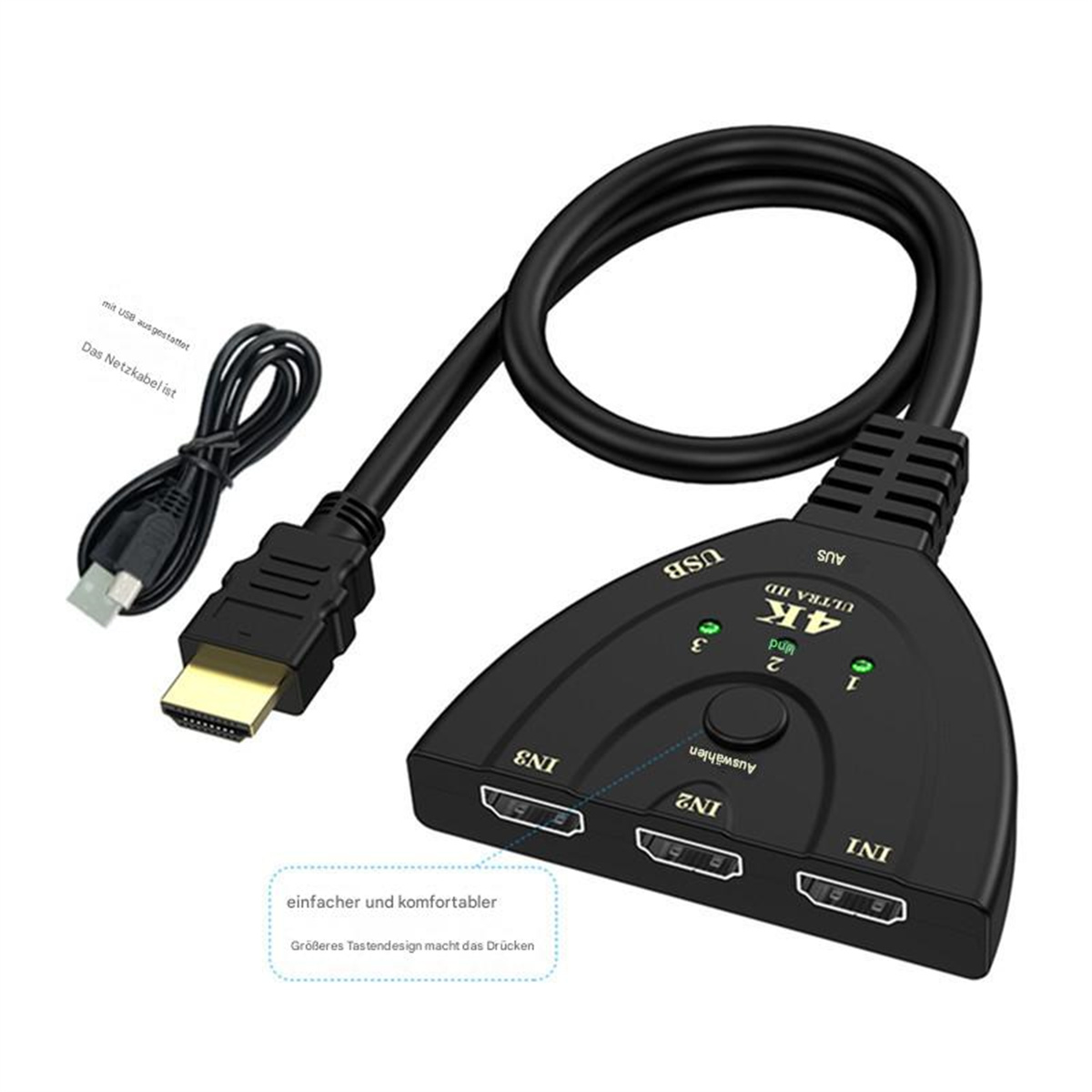 Ein schwarzer 4K HDMI-Switch mit USB und drei HDMI-Eingängen. Zwei Kabel sind angeschlossen. Text-Overlays.