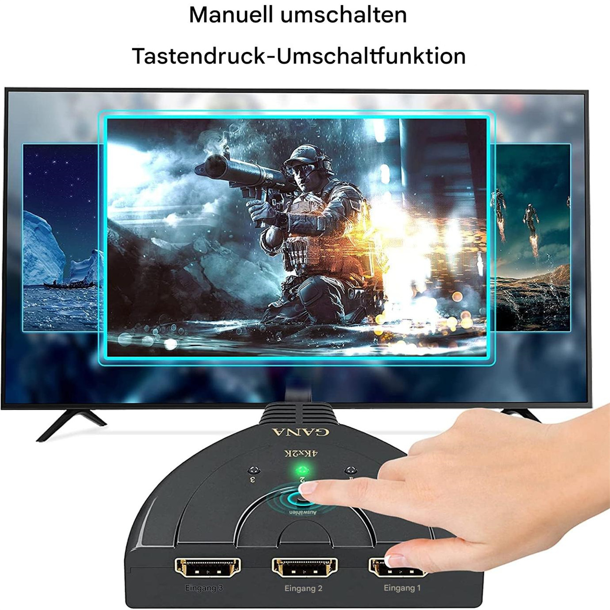 Hand drückt eine Taste an einem schwarzen HDMI-Umschalter, ein Fernseher zeigt eine Videospielszen.