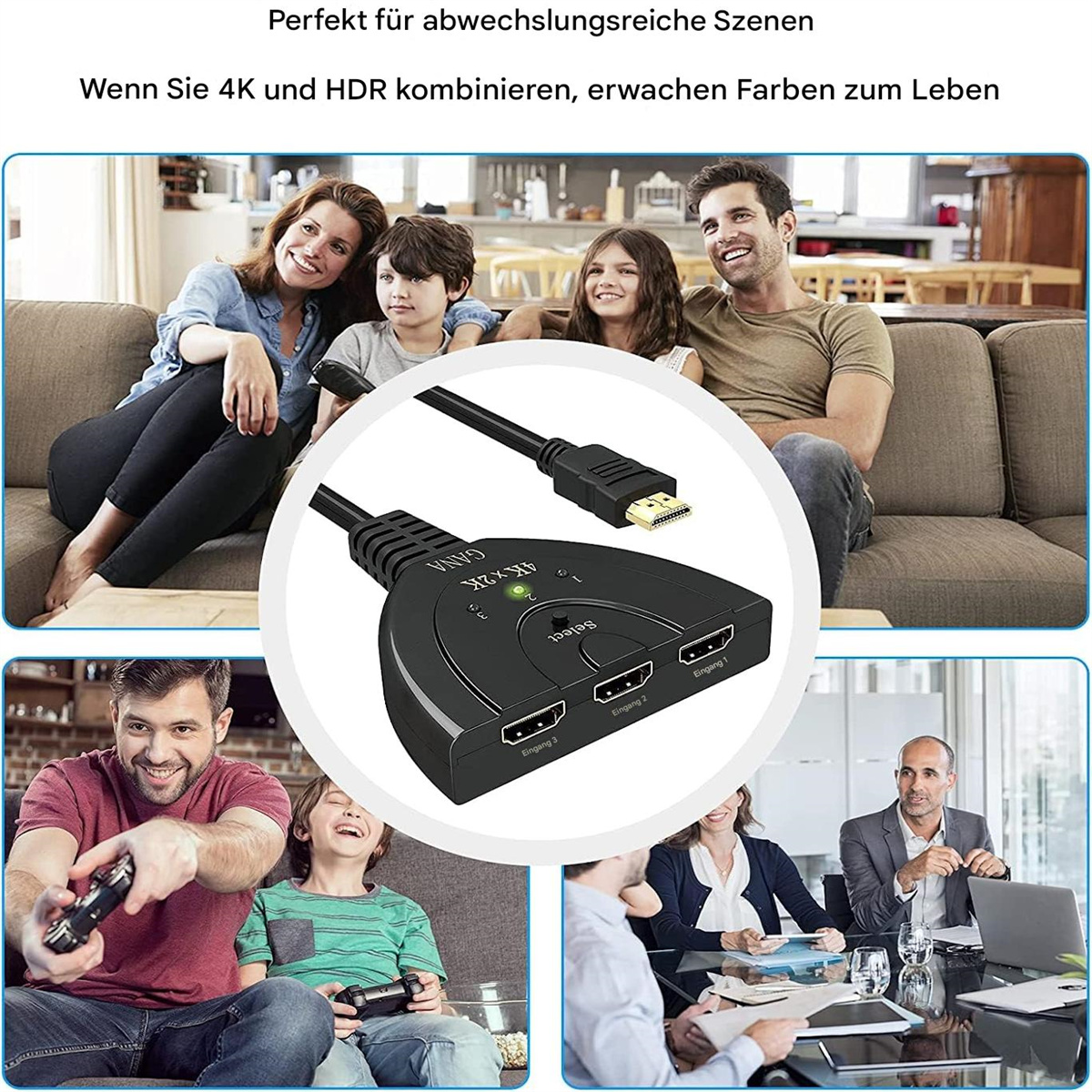 Leute sitzen auf einem Sofa und ein Mann spielt mit HDMI, und ein Mann spielt mit einer Spielkonsole.