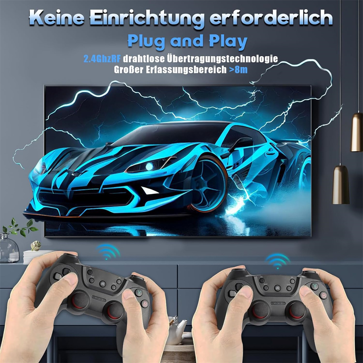 Hände halten Gamecontroller, im Hintergrund ein Autorennen auf einem Bildschirm. Text auf Deutsch.