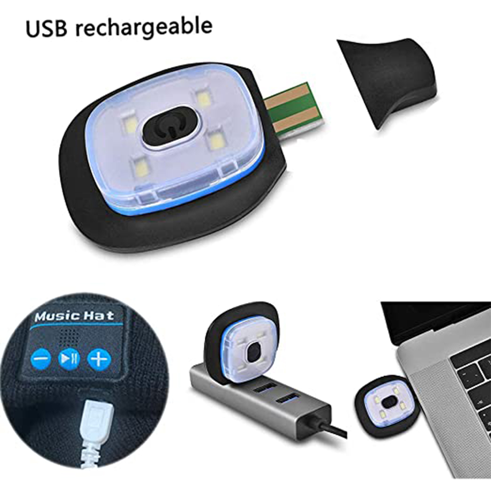 Ein schwarzer Hut mit blauem LED-Licht und einem USB-Anschluss. Eine Nahaufnahme zeigt den Hut und einen Laptop.