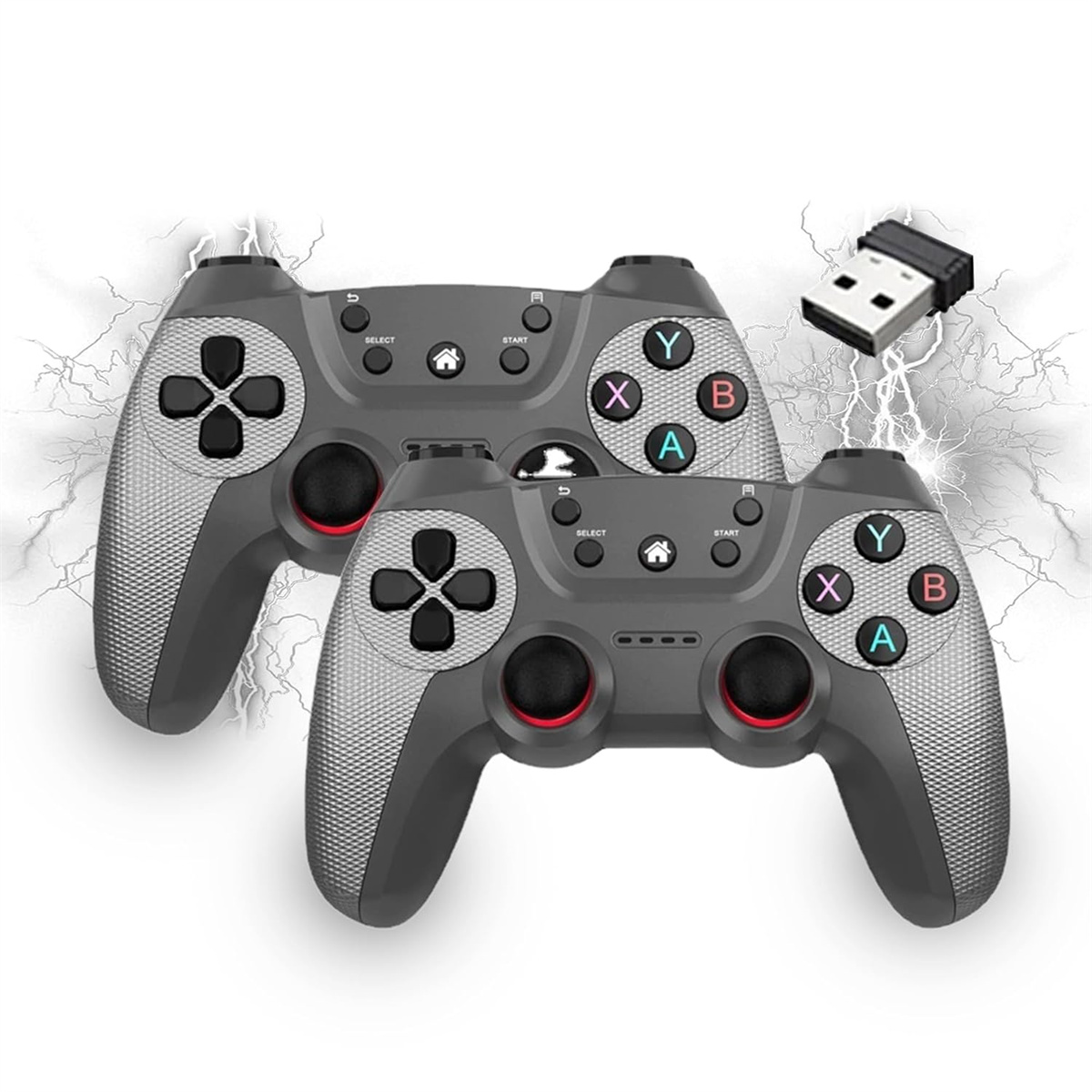 Zwei graue Gamecontroller mit mehreren Tasten und einem USB-Empfänger. Blitzeffekt im Hintergrund.