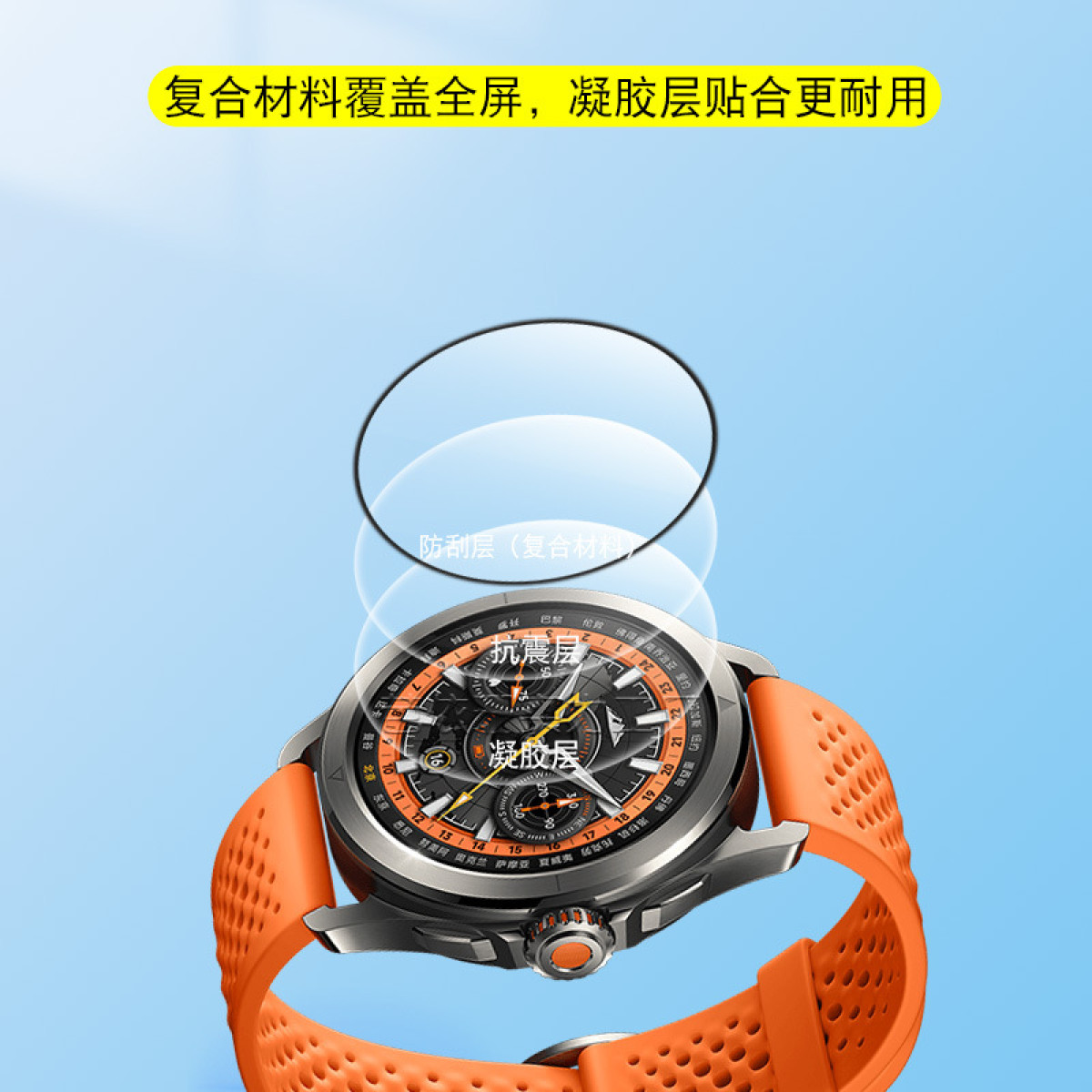 Eine Smartwatch mit orangefarbenem Armband, überlagert mit einem Schutzfoliendiagramm. Das Zifferblatt ist sichtbar.