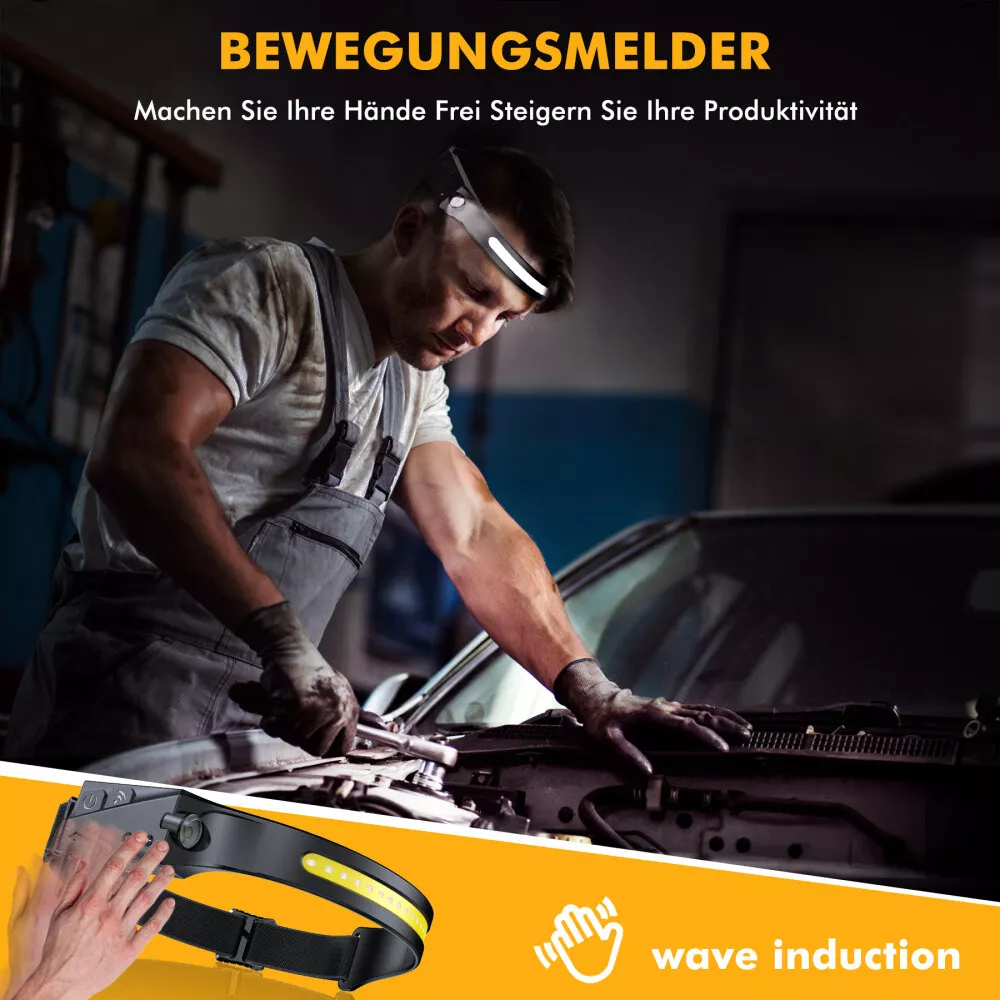 Mann arbeitet mit Stirnlampe an Automotor, neben Text über Welleninduktion.