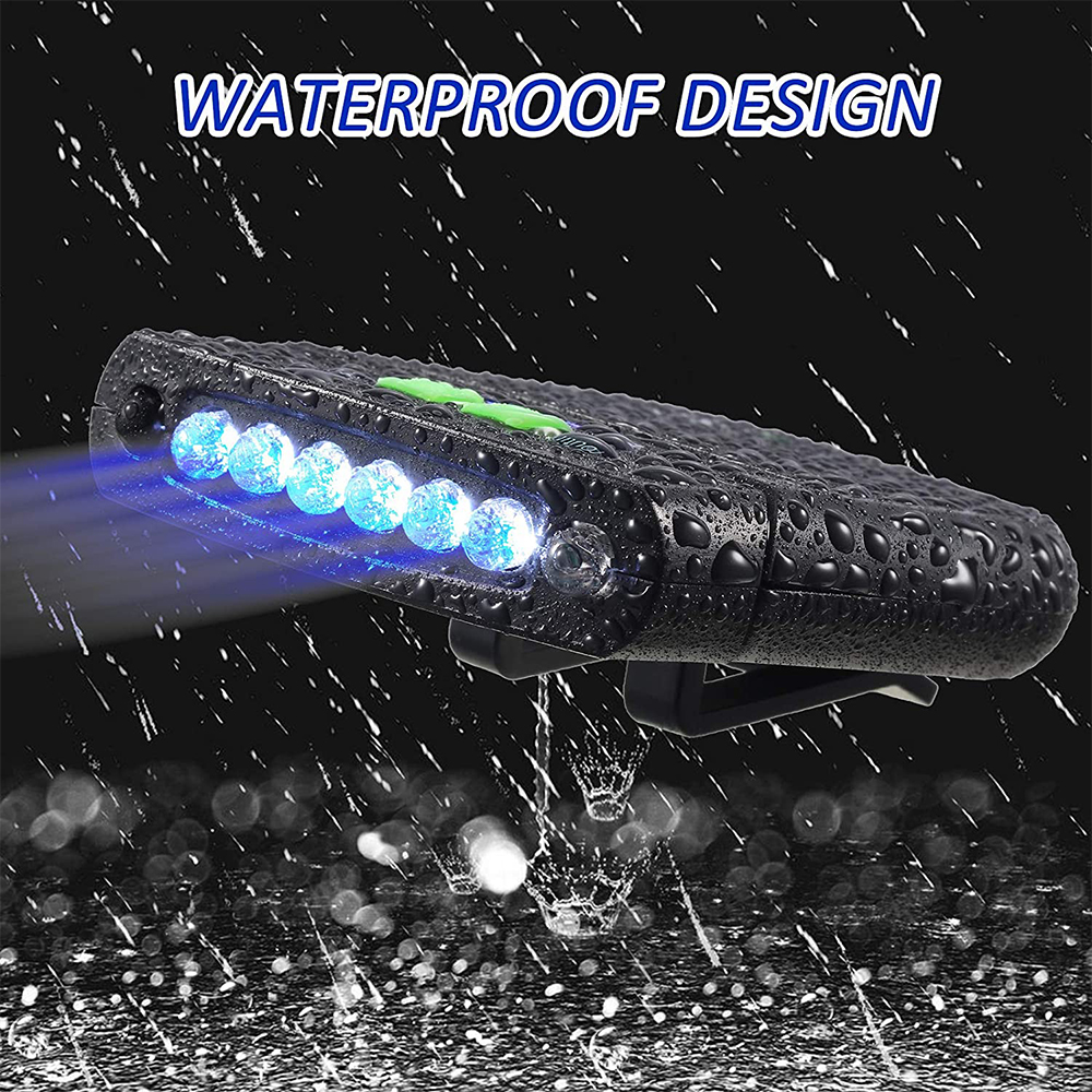 Schwarzes Licht mit blauen Lichtern, Regeneffekt und dem Text WASSERDICHTES DESIGN.