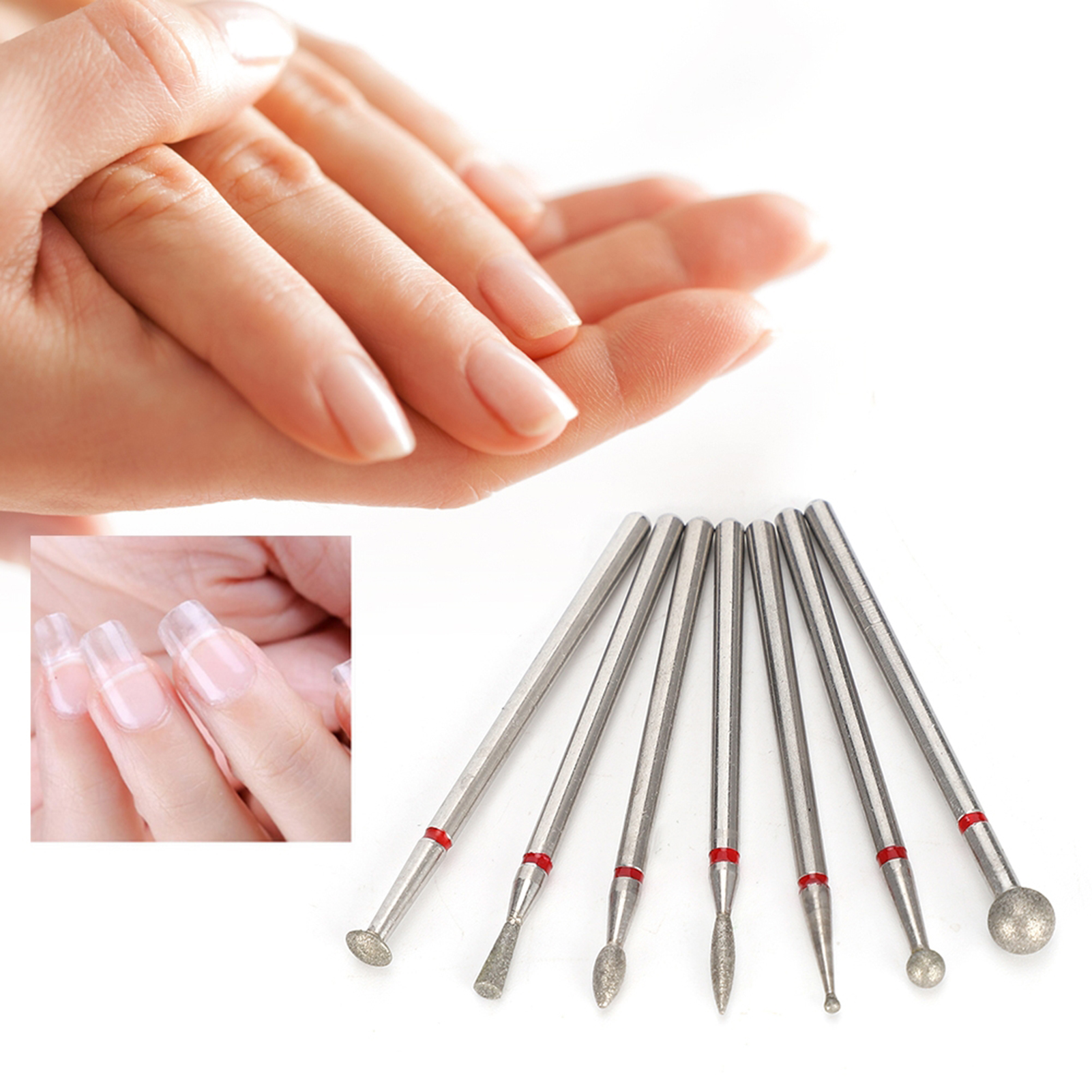 Zahnbohrer neben einer Hand mit langen, klaren Acrylnägeln.
