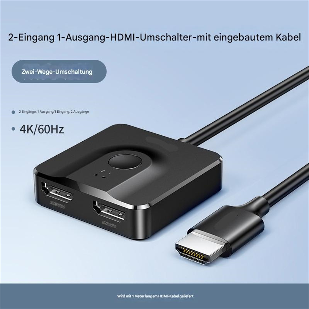Schwarzer HDMI-Umschalter mit zwei Eingängen und einem Ausgang, und angeschlossenen Kabeln.
