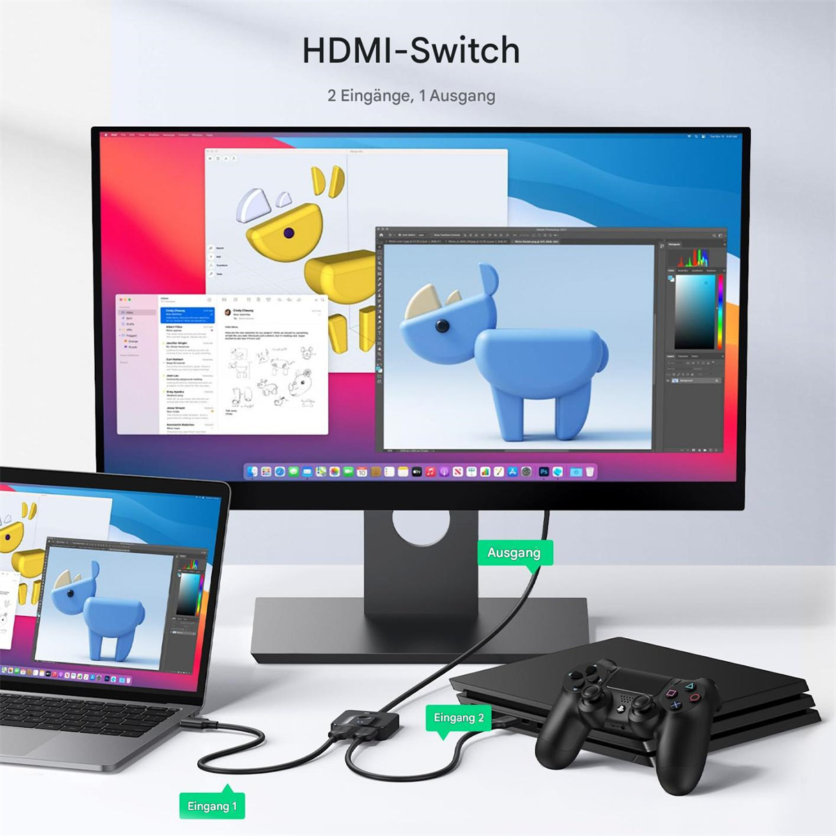 Ein HDMI-Switch mit Eingangs- und Ausgangsanschlüssen, verbunden mit einem Monitor, Laptop und einer Spielekonsole.