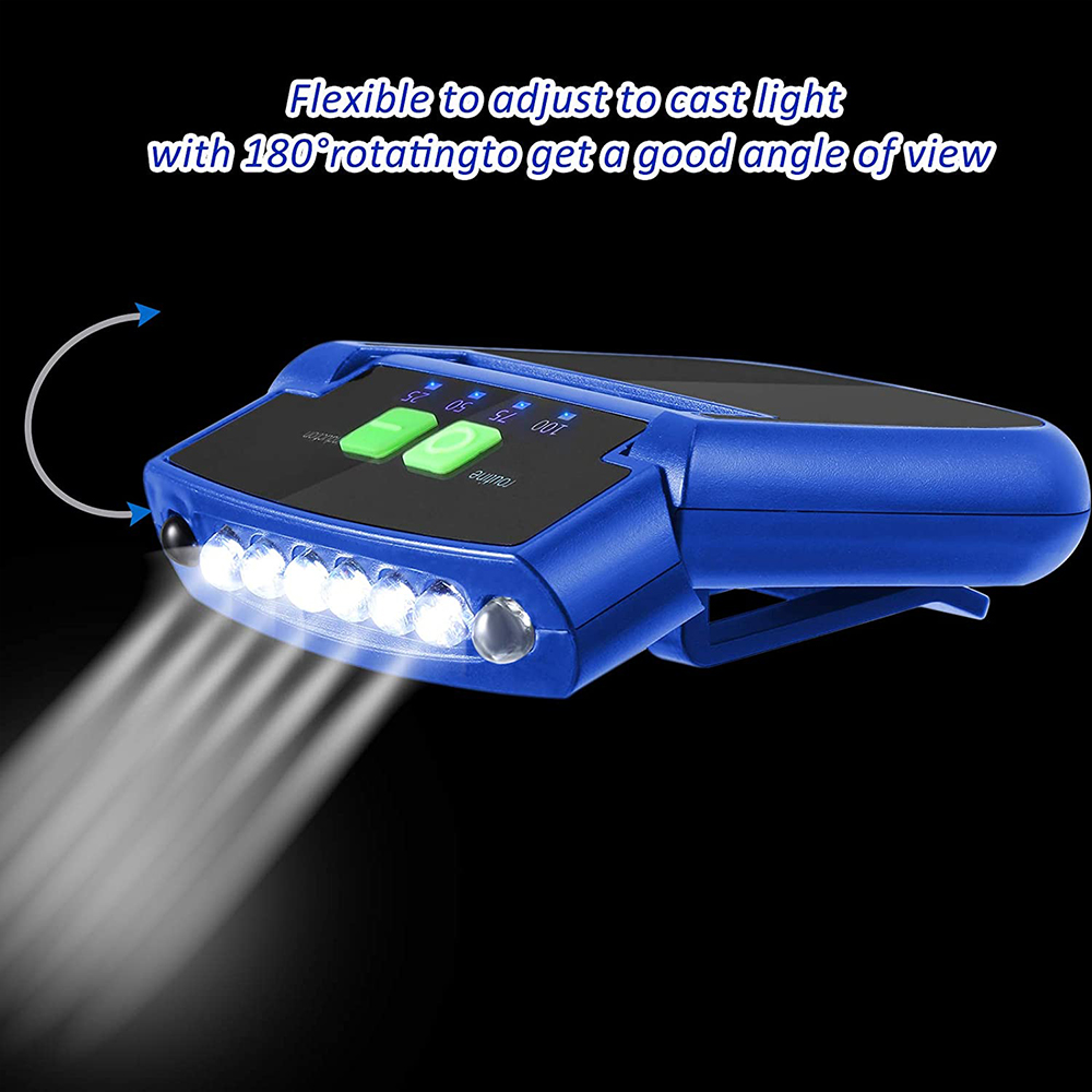Blaue Stirnlampe mit sechs LED-Leuchten. Die Lichter sind an, die Lampe auf schwarzem Hintergrund.
